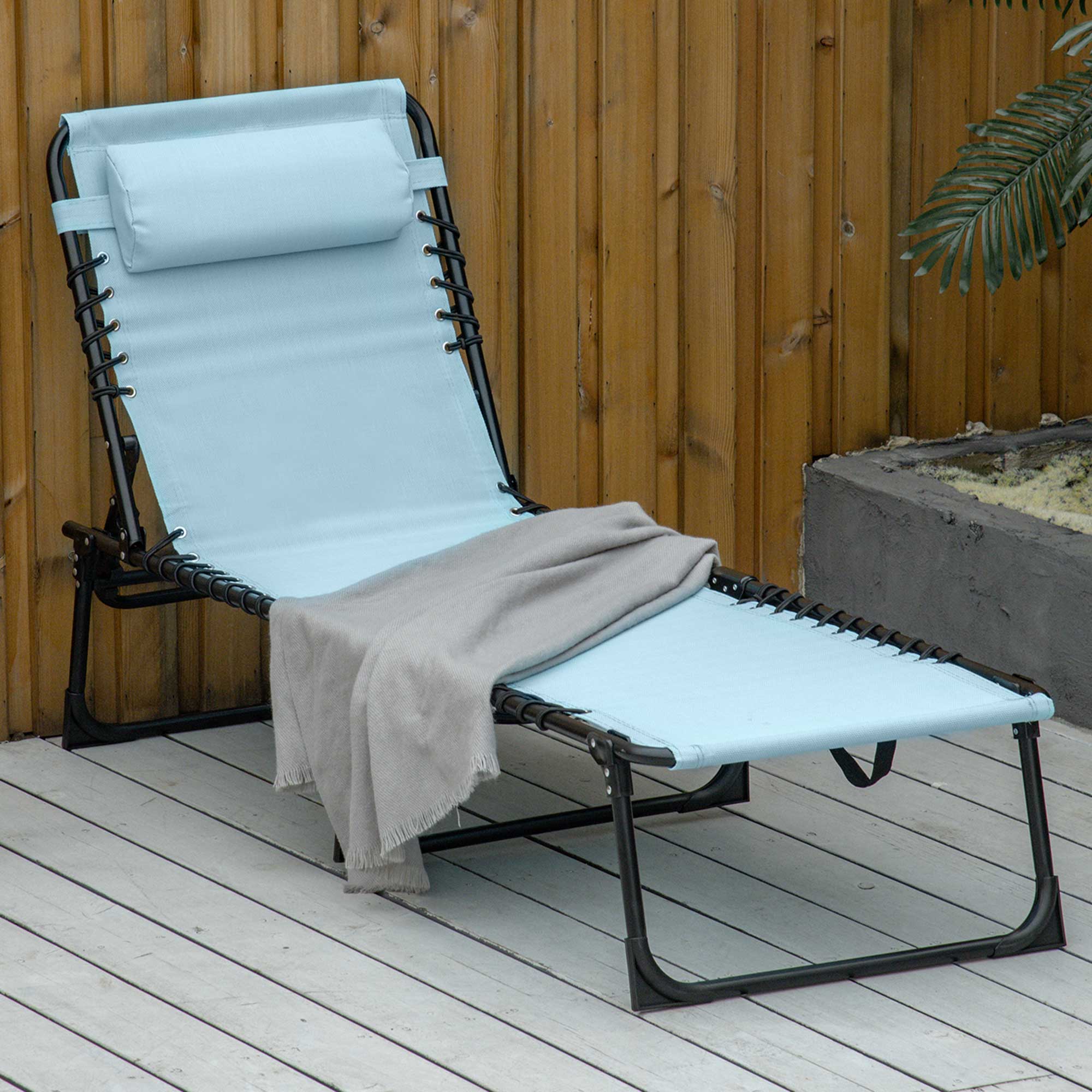 Outsunny Folding Beach Chair Chaise Lounge 4 Adjustable Positions, Baby Blue - Image 2