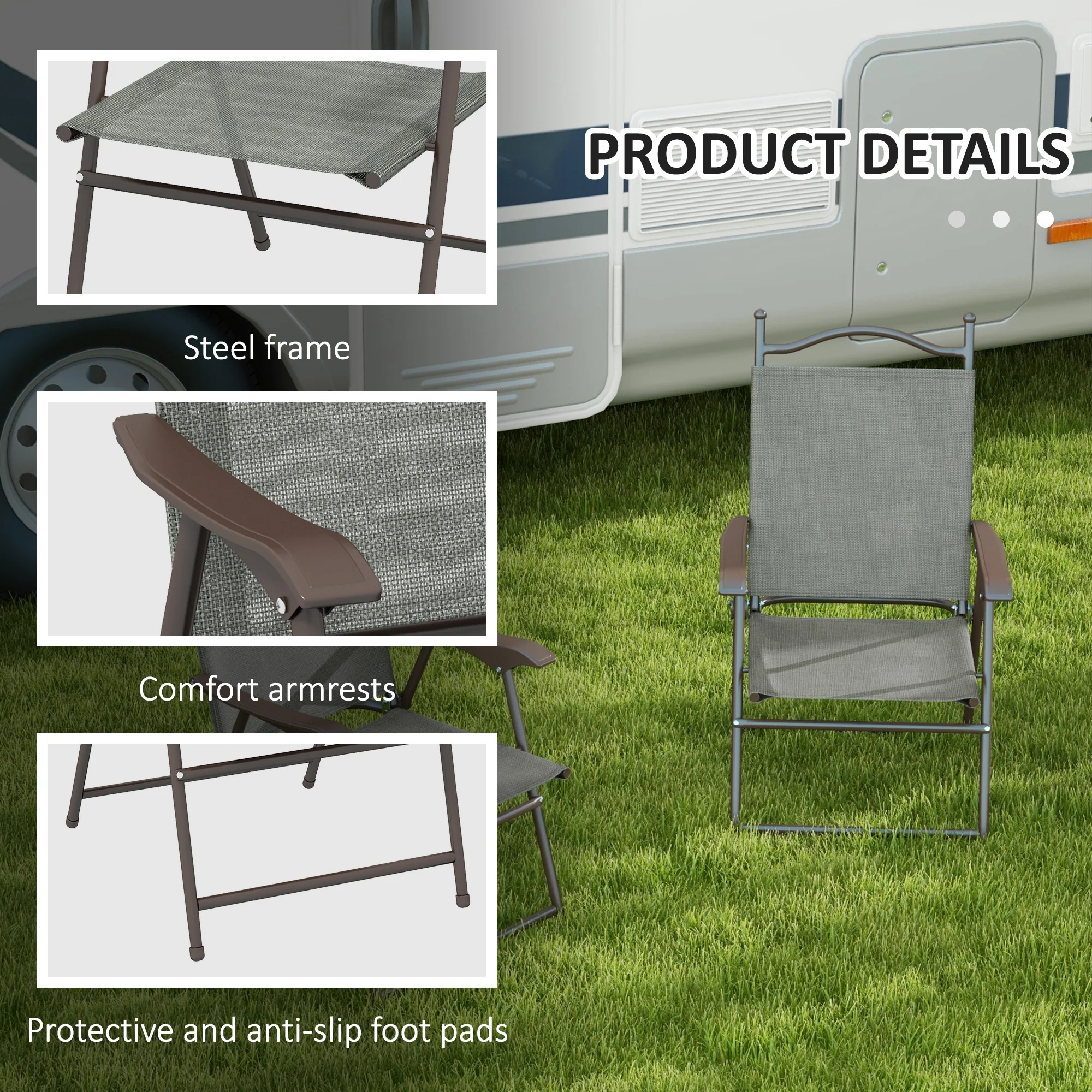 Outsunny Folding Chairs Set W/ Armrest, Breathable Mesh Fabric Seat - Grey/Brown - Image 14