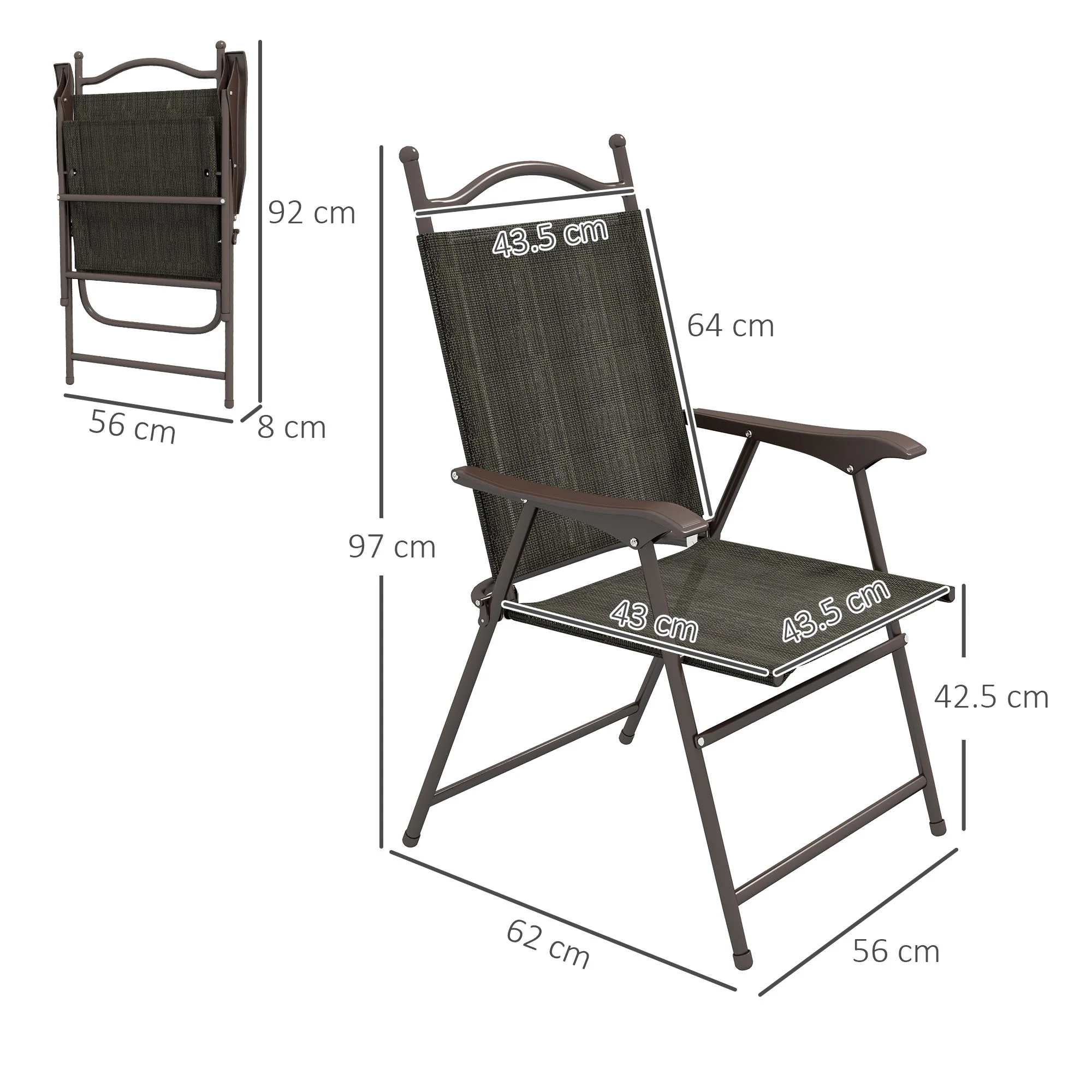 Outsunny Folding Chairs Set W/ Armrest, Breathable Mesh Fabric Seat - Grey/Brown - Image 22