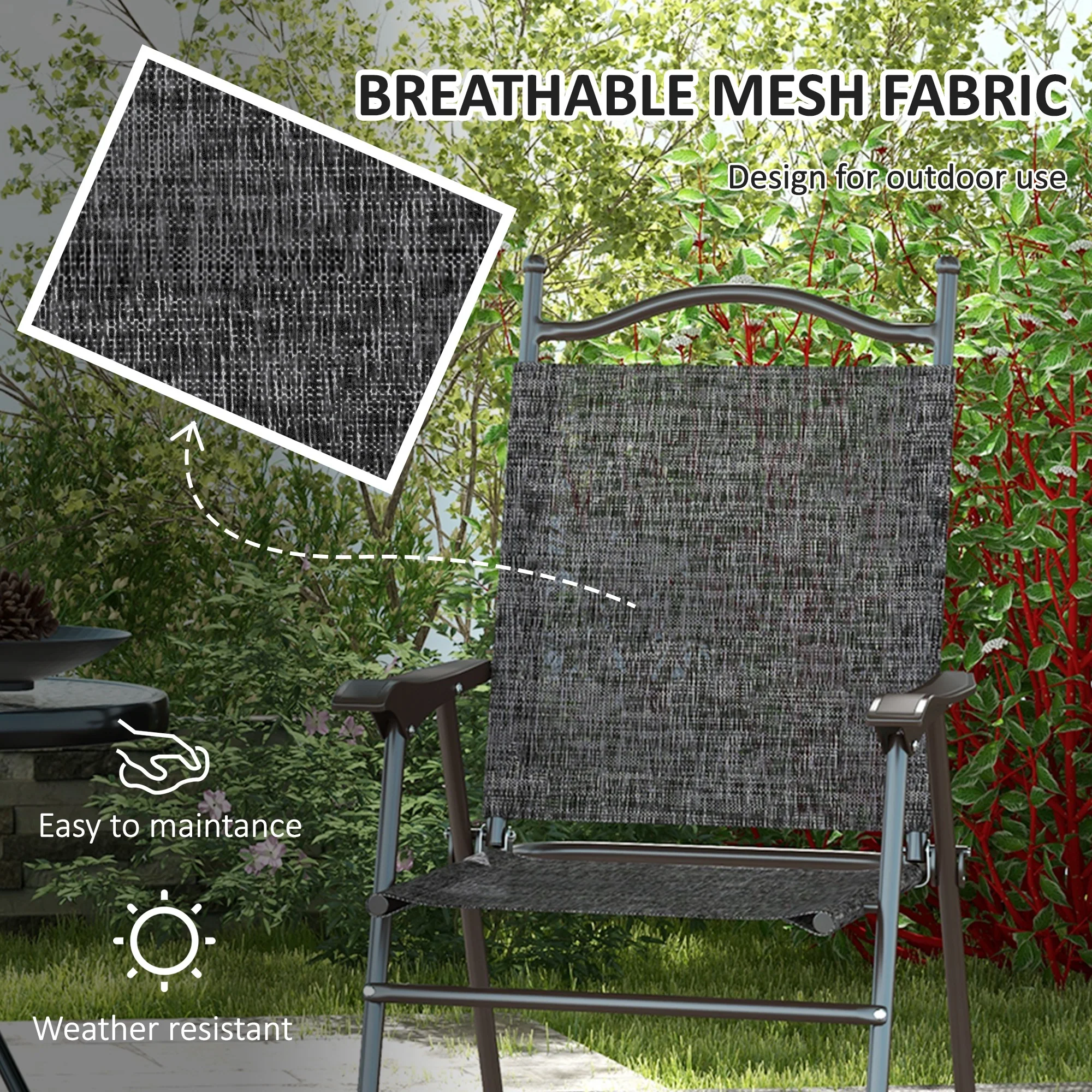 Outsunny Folding Chairs Set W/ Armrest, Breathable Mesh Fabric Seat - Grey/Brown - Image 4
