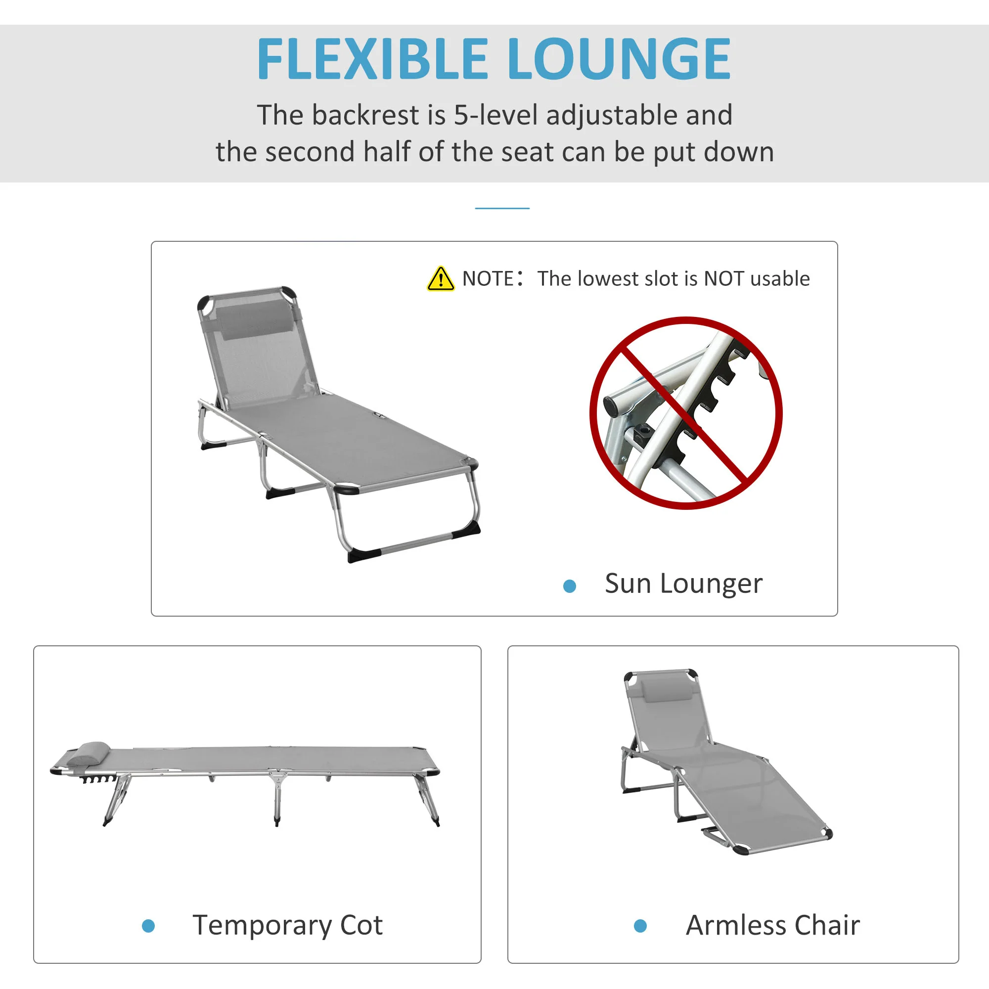 Outsunny Folding Outdoor Reclining Sun Lounger Chair Aluminium Frame Light Grey - Image 3