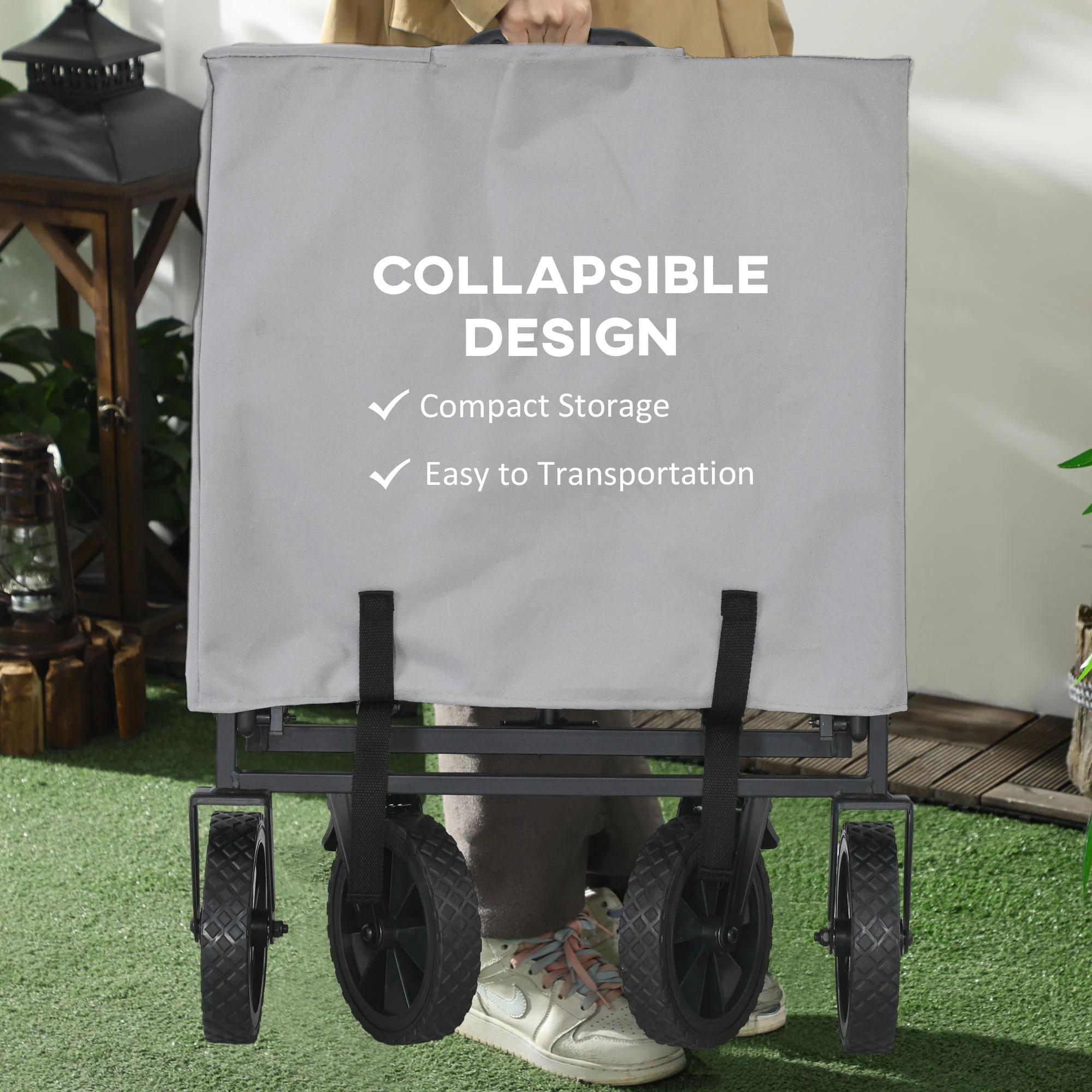 Outsunny Folding Outdoor Storage Trolley Cart Bag Telescopic Handle Brakes Grey - Image 3
