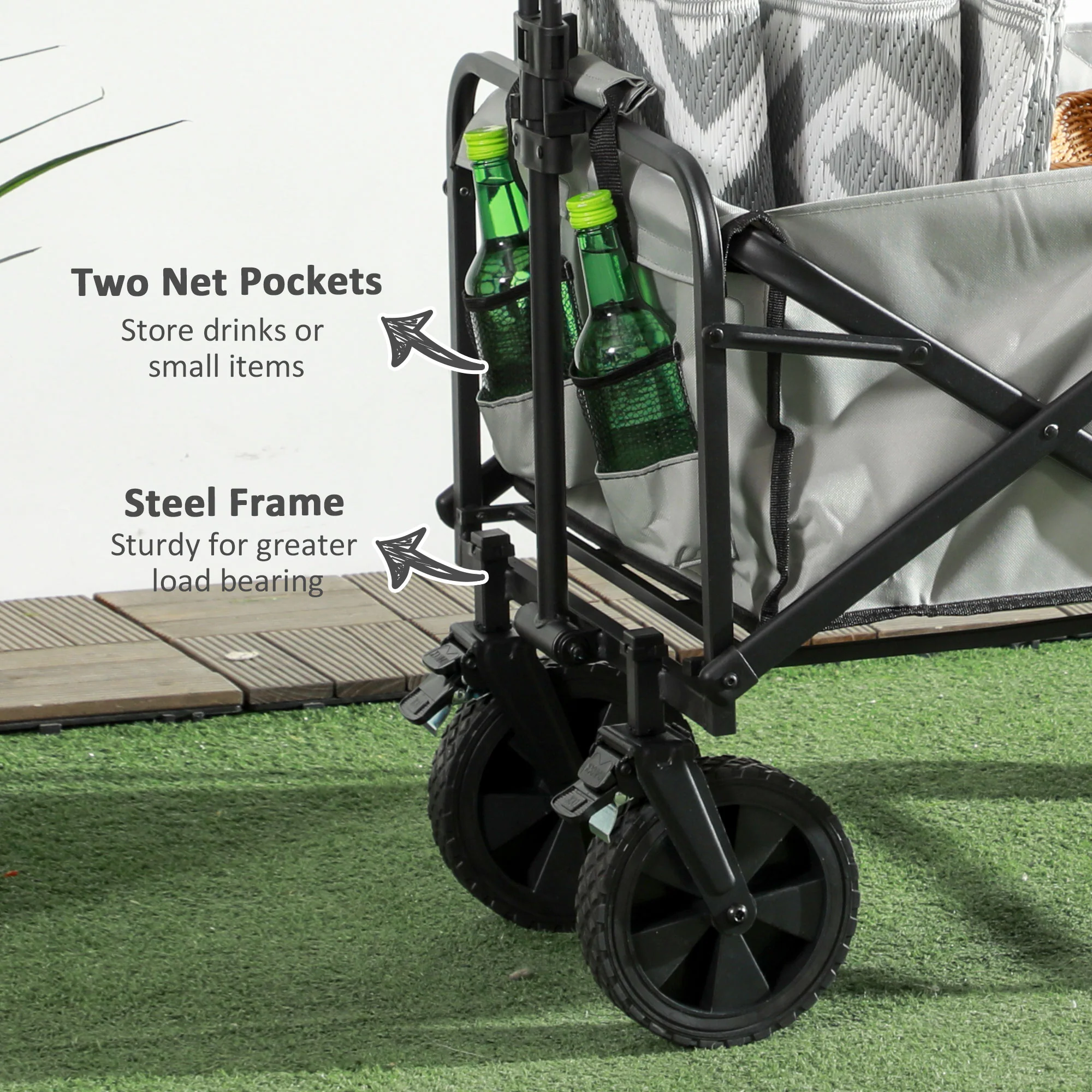 Outsunny Folding Outdoor Storage Trolley Cart Bag Telescopic Handle Brakes Grey - Image 7
