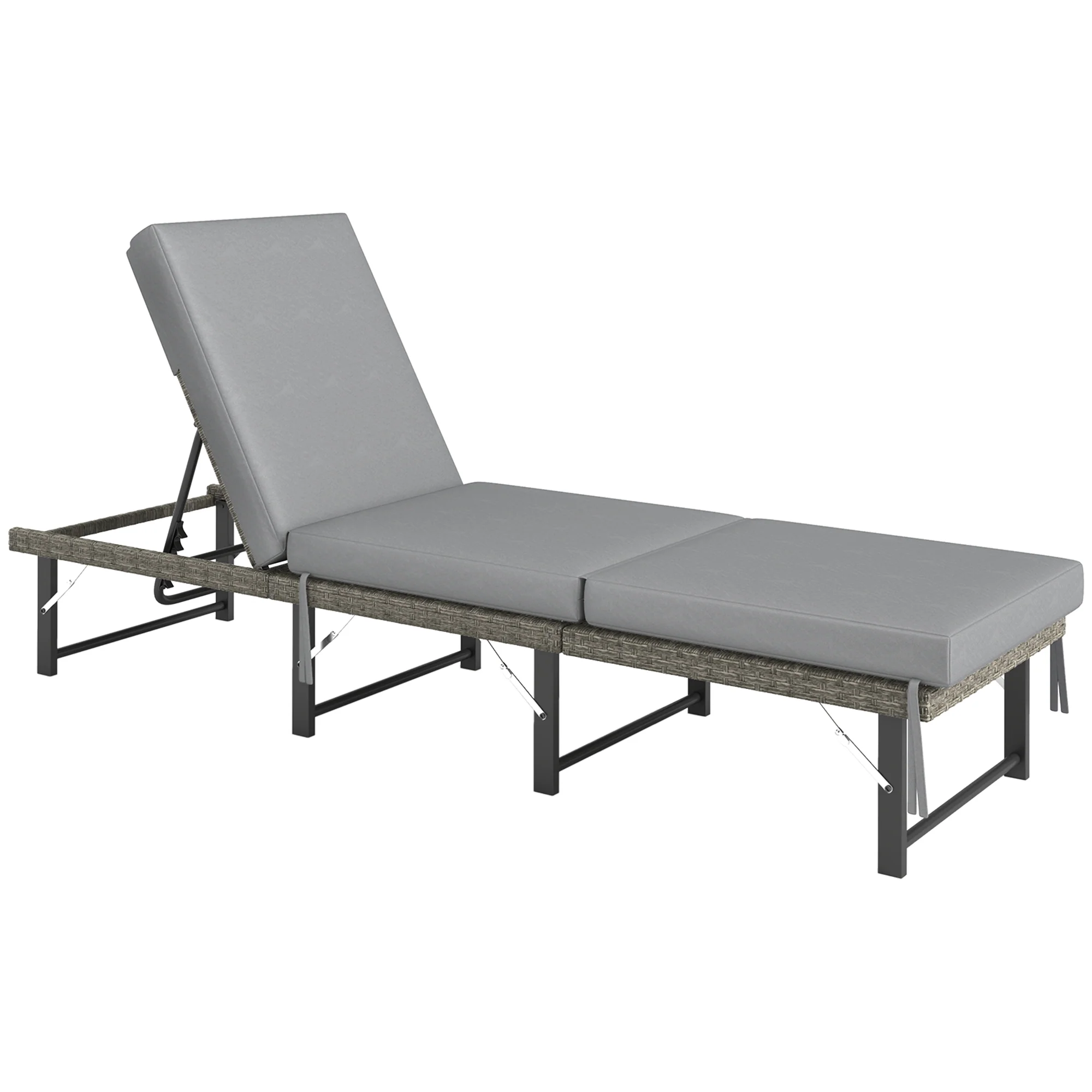 Outsunny Folding Rattan Sun Lounger With Adjustable Back, Cushion, Grey