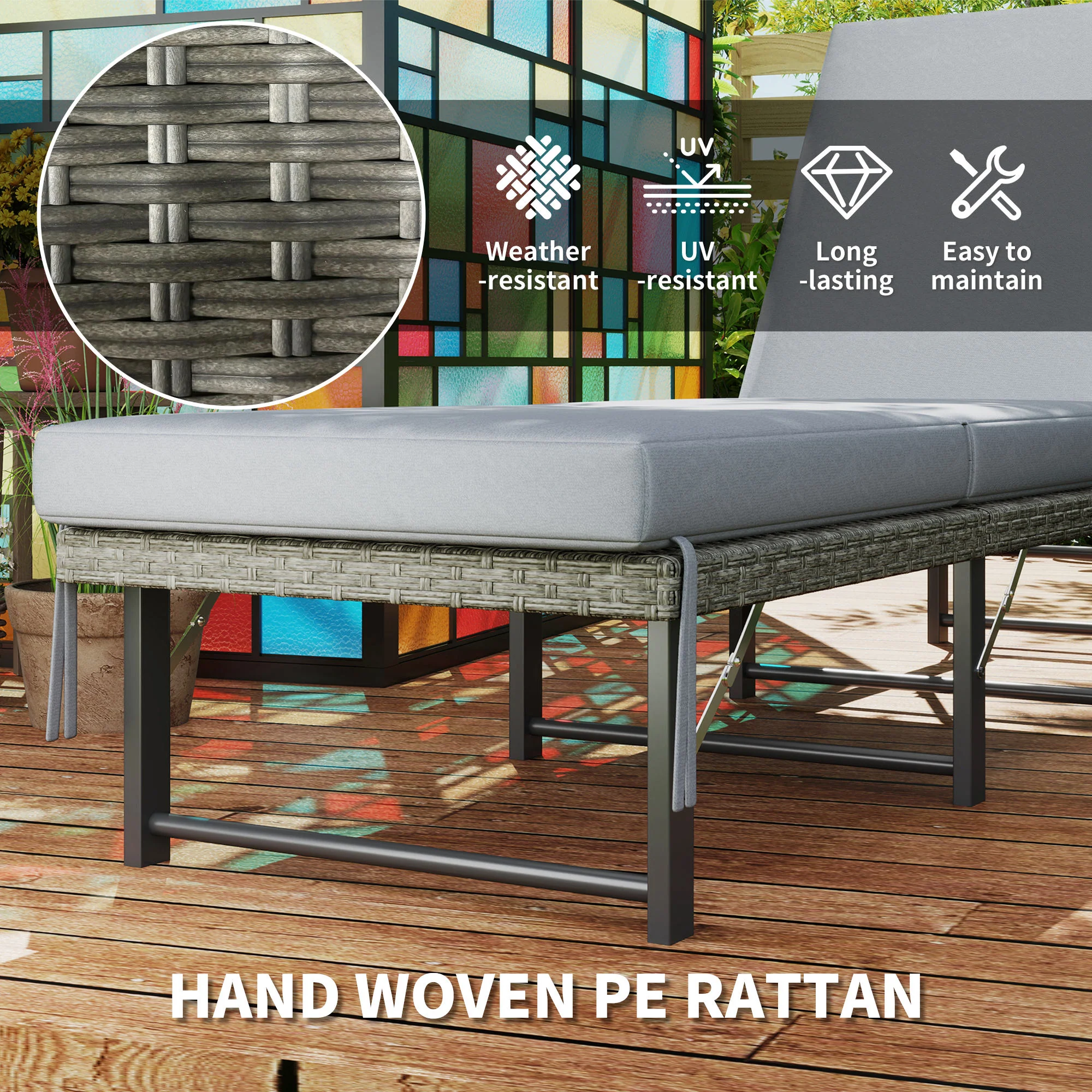 Outsunny Folding Rattan Sun Lounger With Adjustable Back, Cushion, Grey - Image 6