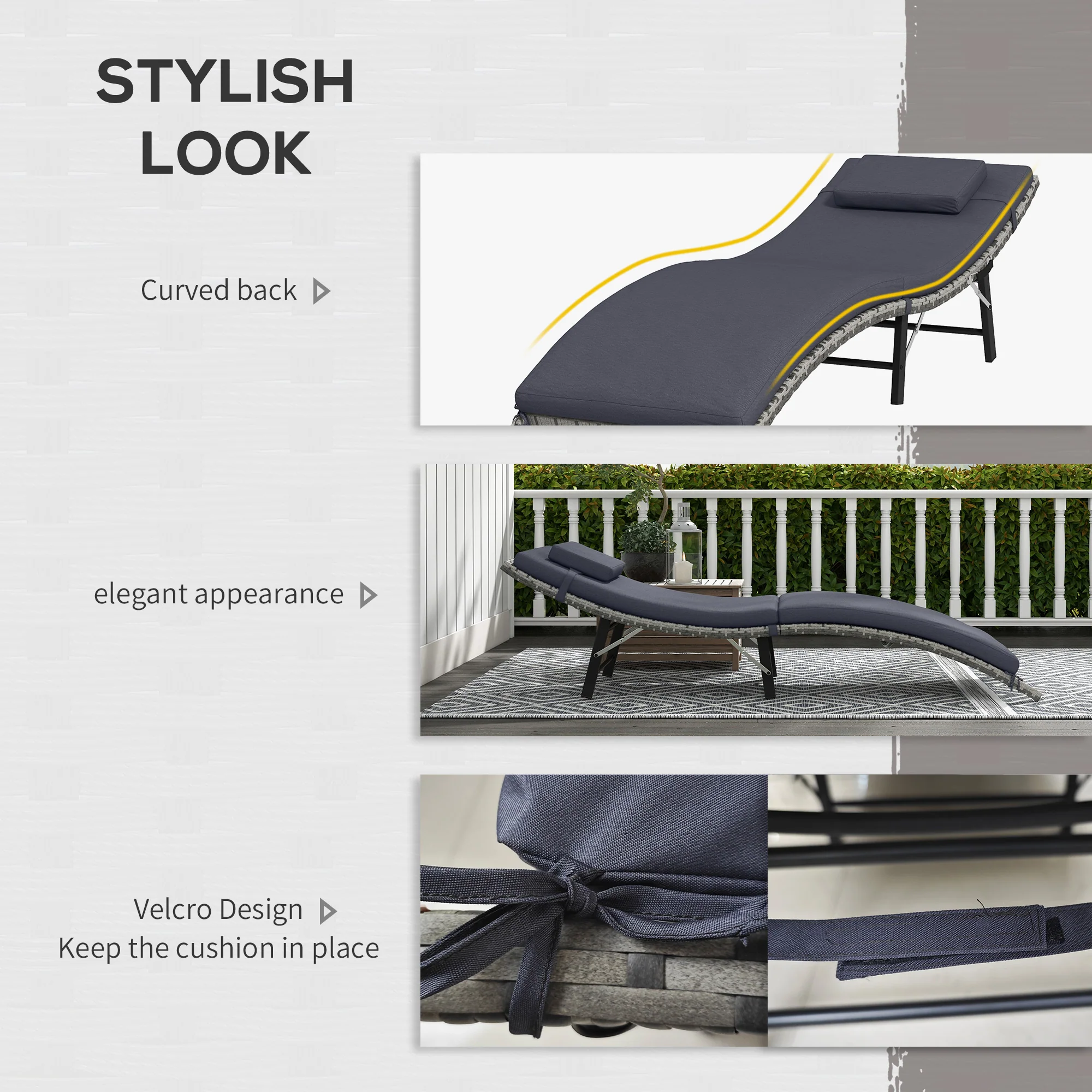 Outsunny Folding Rattan Sun Lounger with Cushion and Pillow, Grey - Image 6