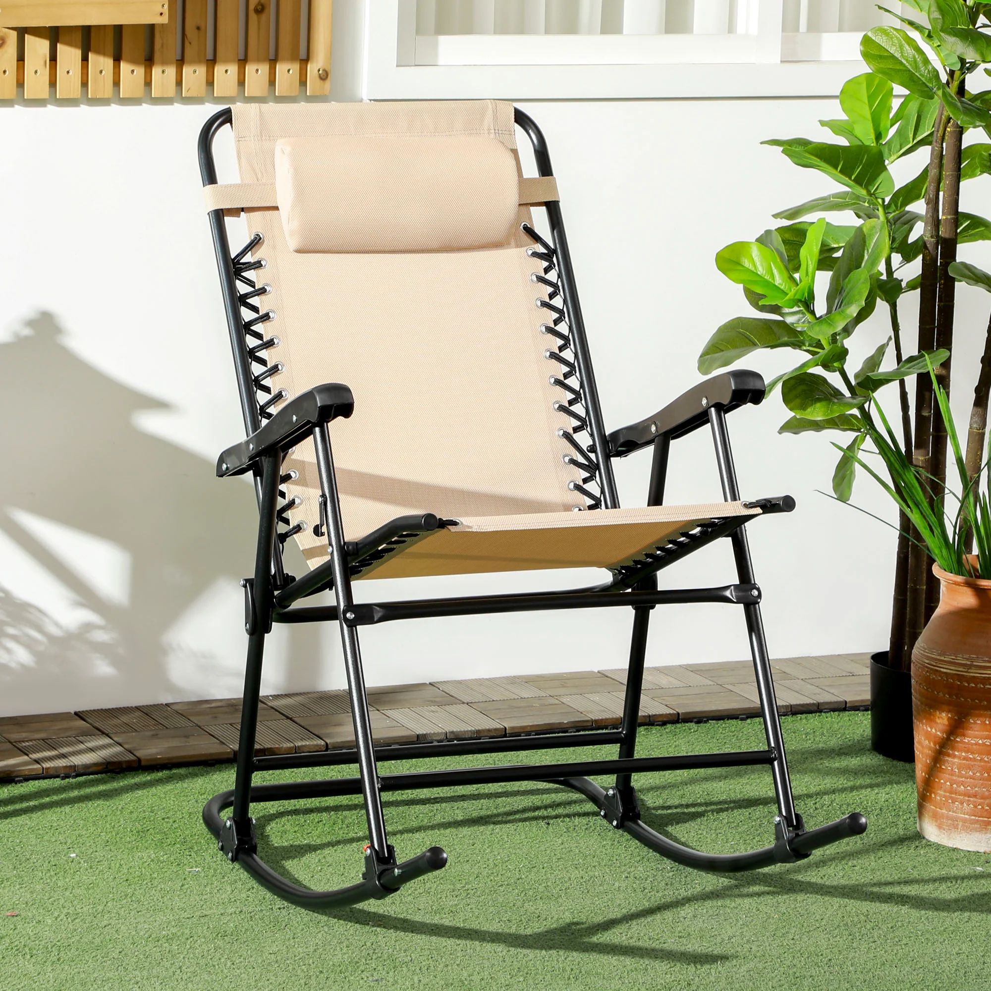 Outsunny Folding Rocking Chair Outdoor Portable Zero Gravity Chair Beige - Image 2
