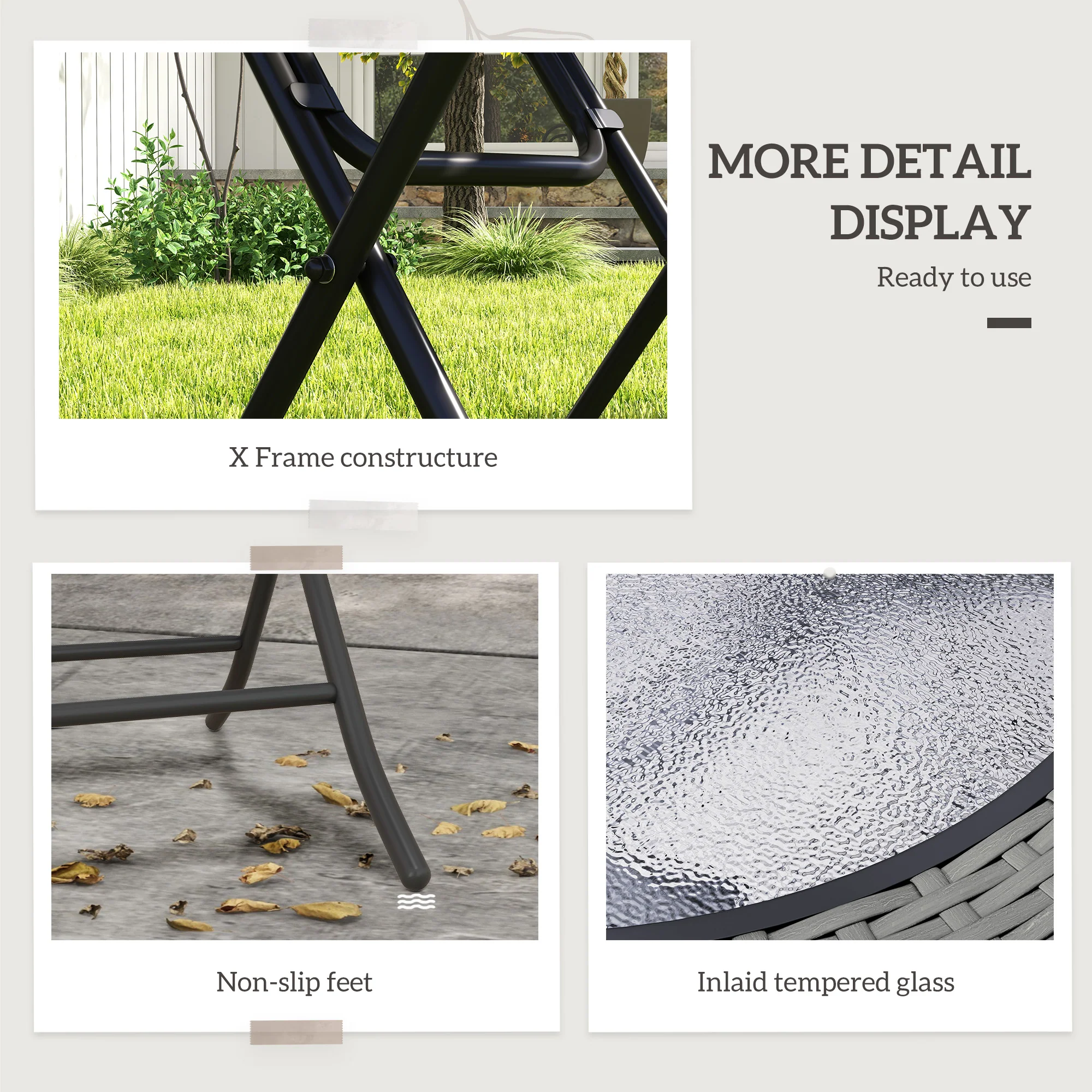 Outsunny Folding Round Tempered Glass Metal Table with Grey Rattan Edging - Image 7