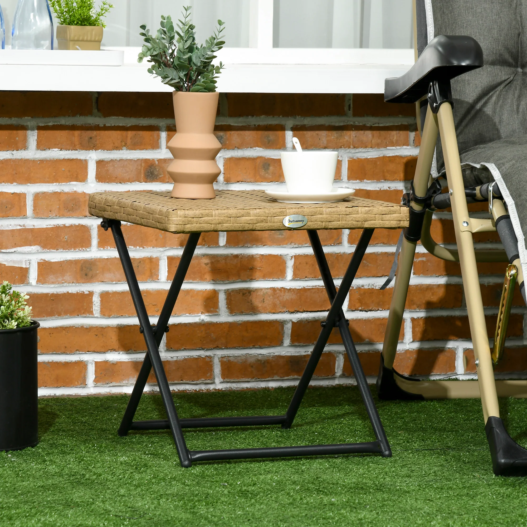 Outsunny Folding Square Rattan Coffee Table, Steel Frame Bistro Garden Natural - Image 2