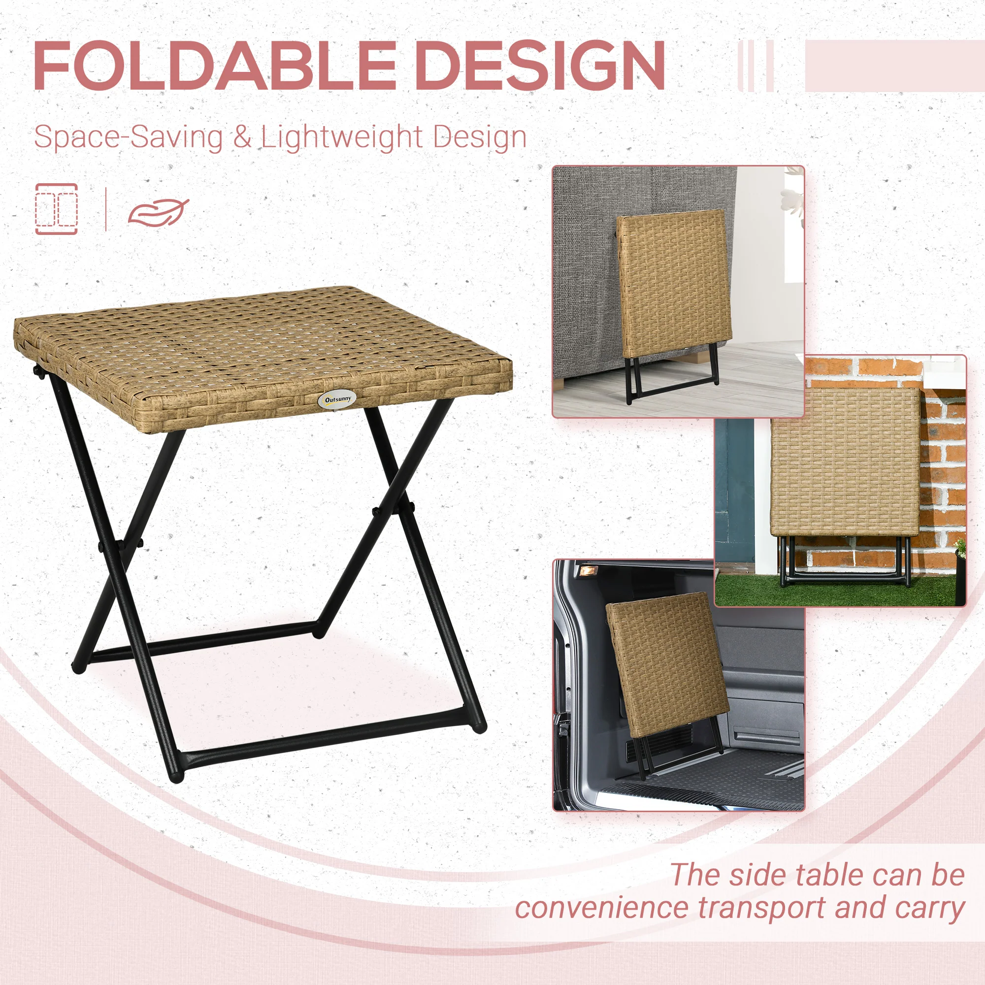 Outsunny Folding Square Rattan Coffee Table, Steel Frame Bistro Garden Natural - Image 3