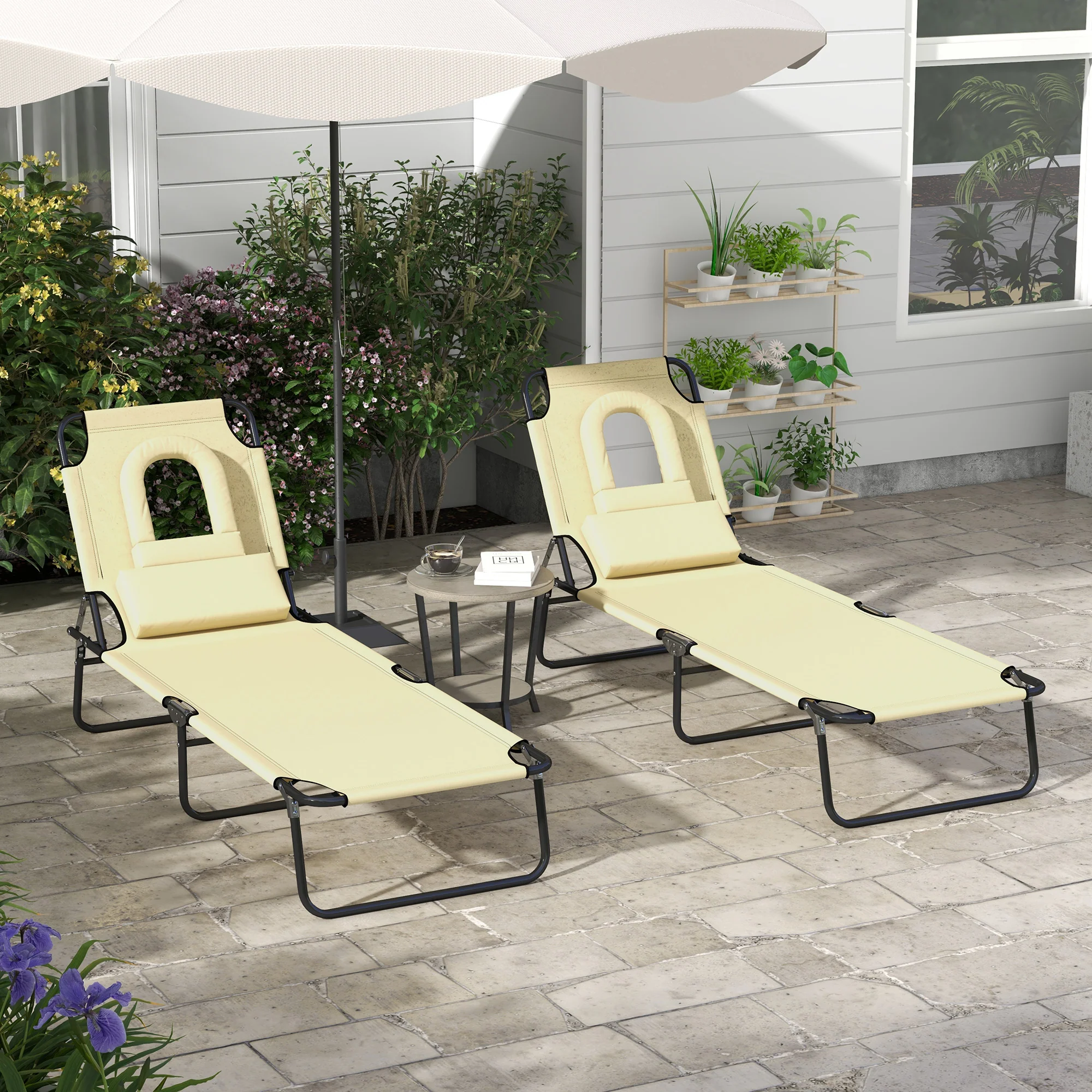 Outsunny Folding Sun Lounger Reclining Chair With Reading Hole - Image 29