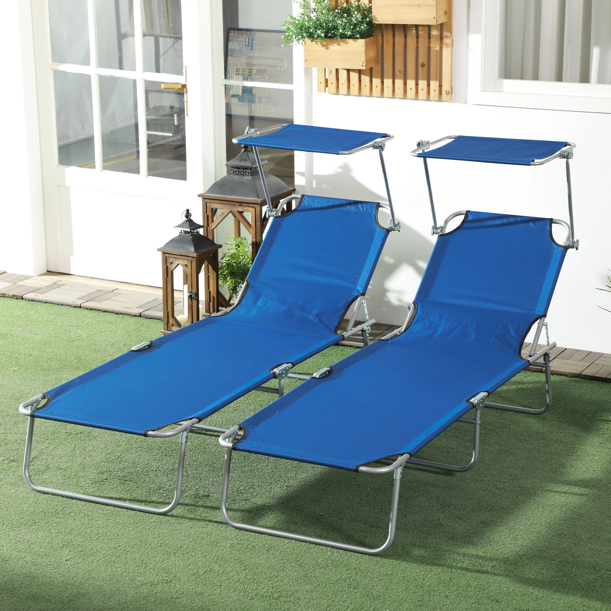 Outsunny Folding Sun Lounger Set of 2 w/ Sunshade Adjustable Backrest - Image 2