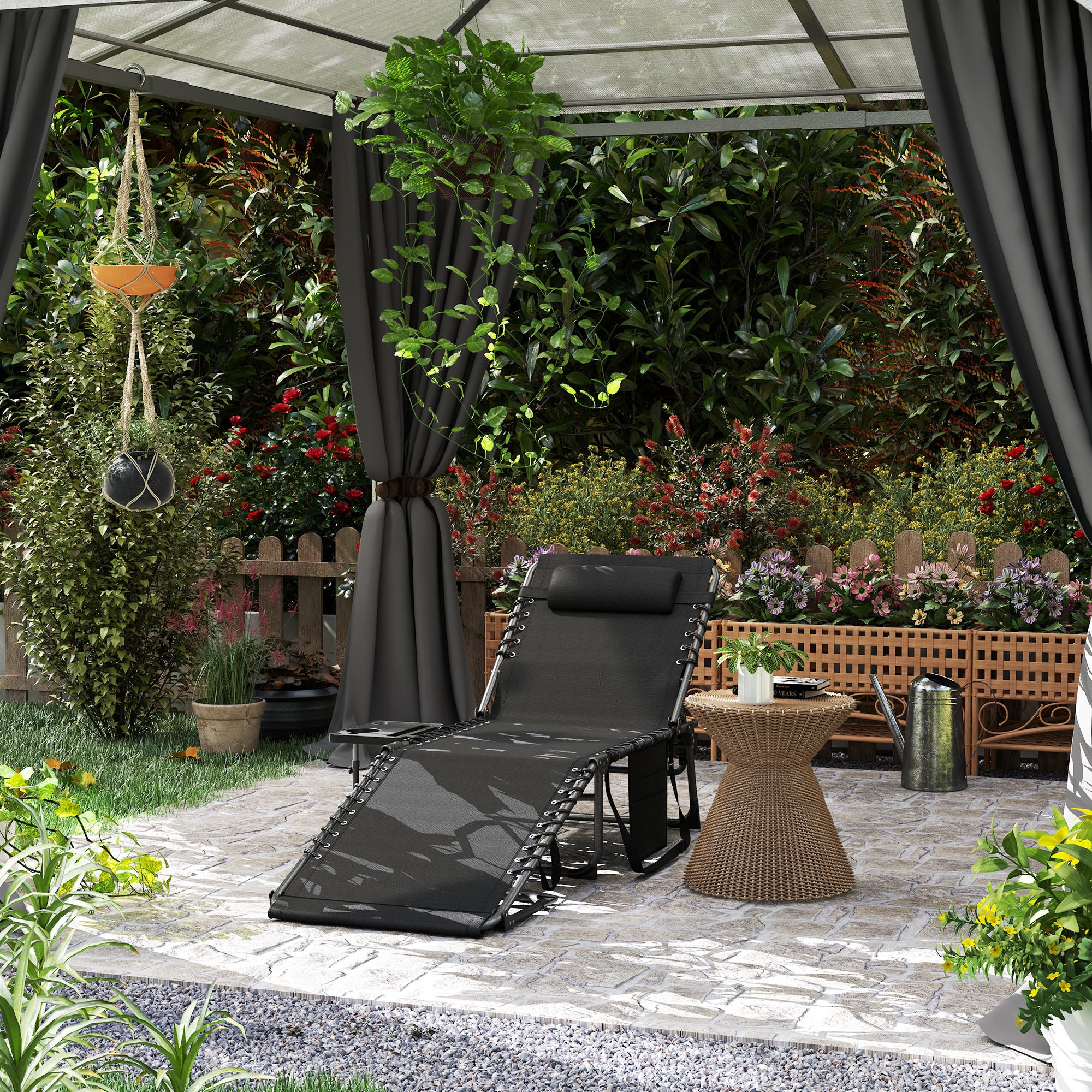 Outsunny Folding Sun Lounger with 5-Level Reclining Back, Side Table - Image 11