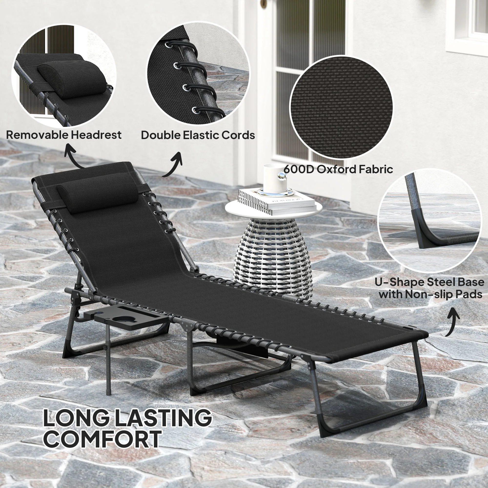 Outsunny Folding Sun Lounger with 5-Level Reclining Back, Side Table - Image 13