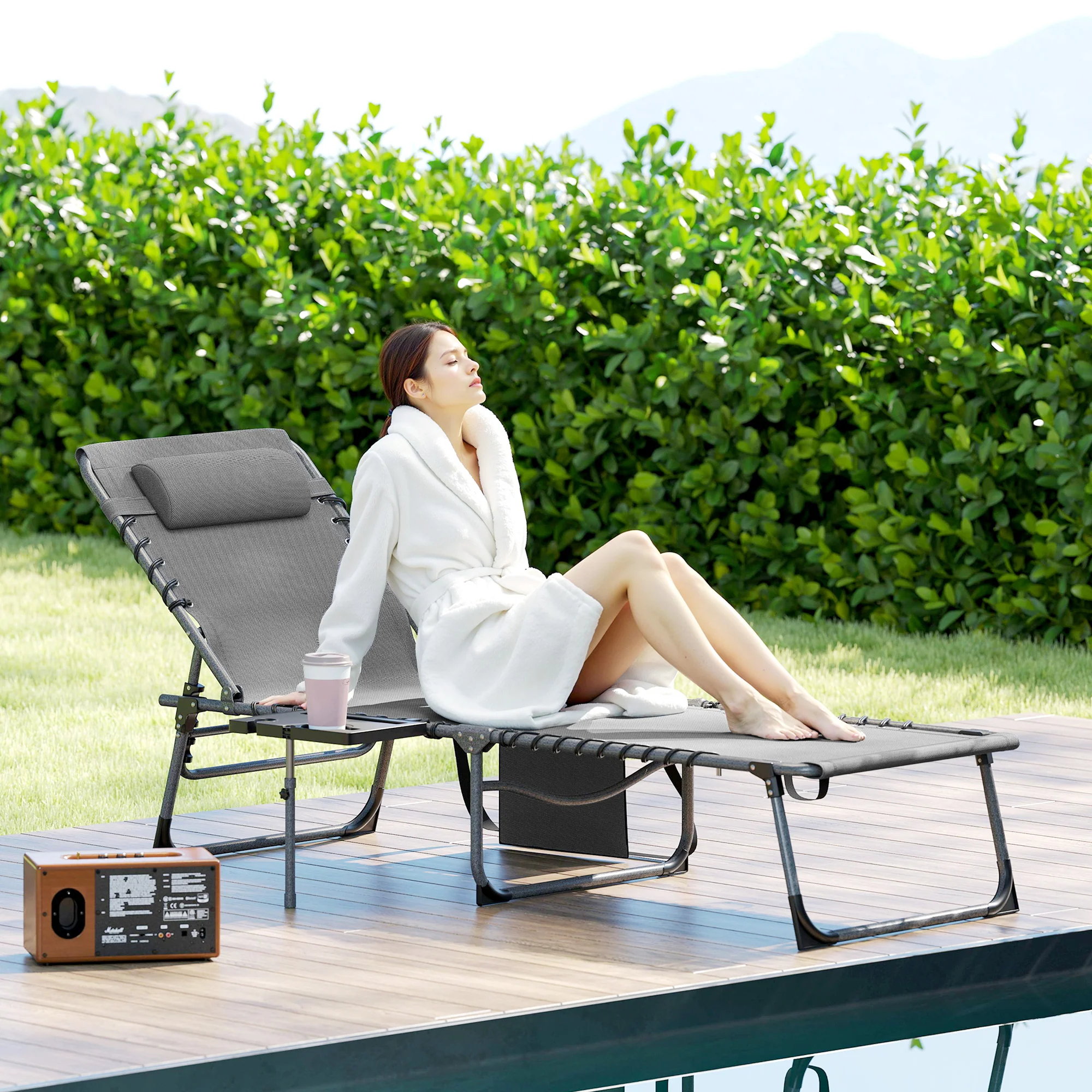 Outsunny Folding Sun Lounger with 5-Level Reclining Back, Side Table - Image 20