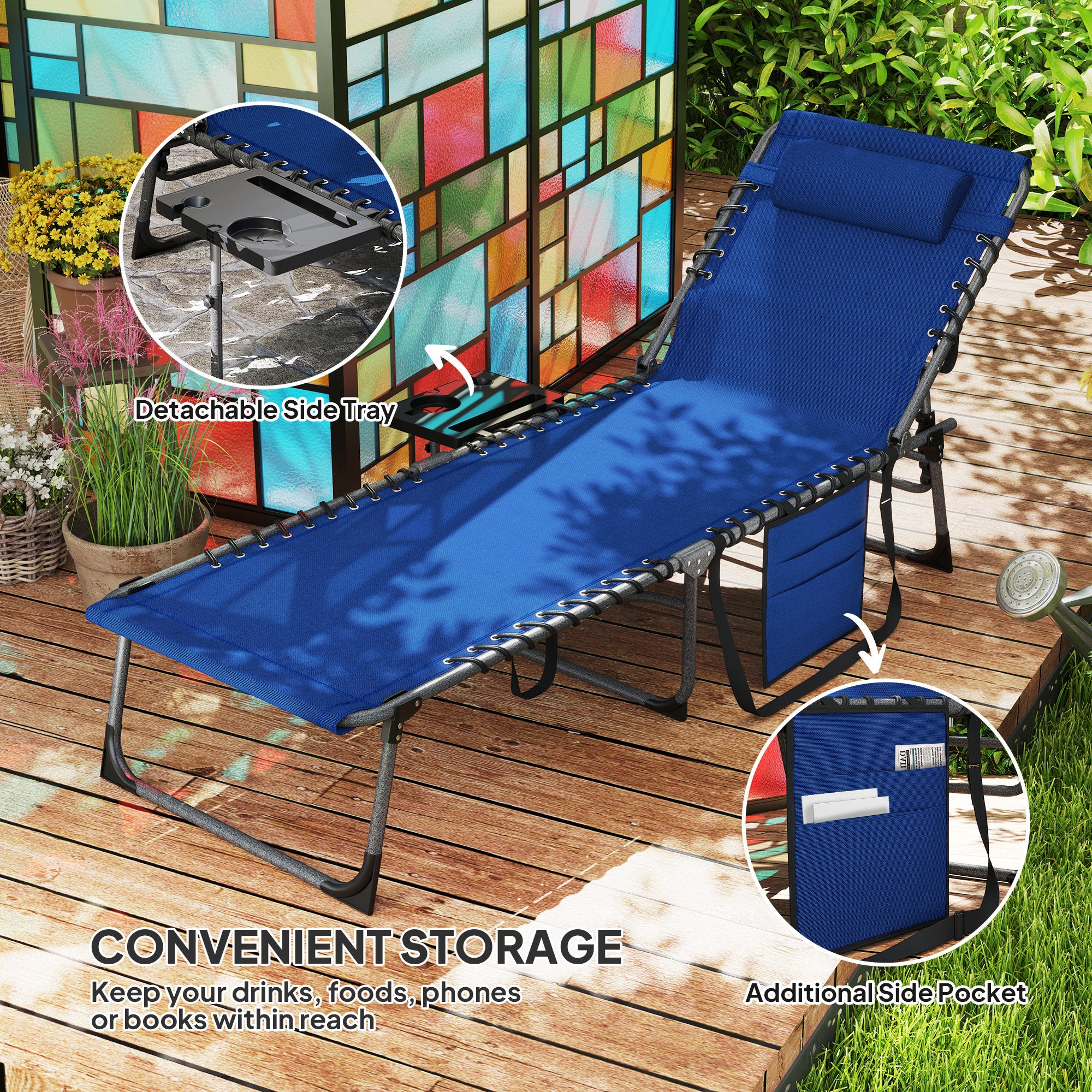 Outsunny Folding Sun Lounger with 5-Level Reclining Back, Side Table - Image 33