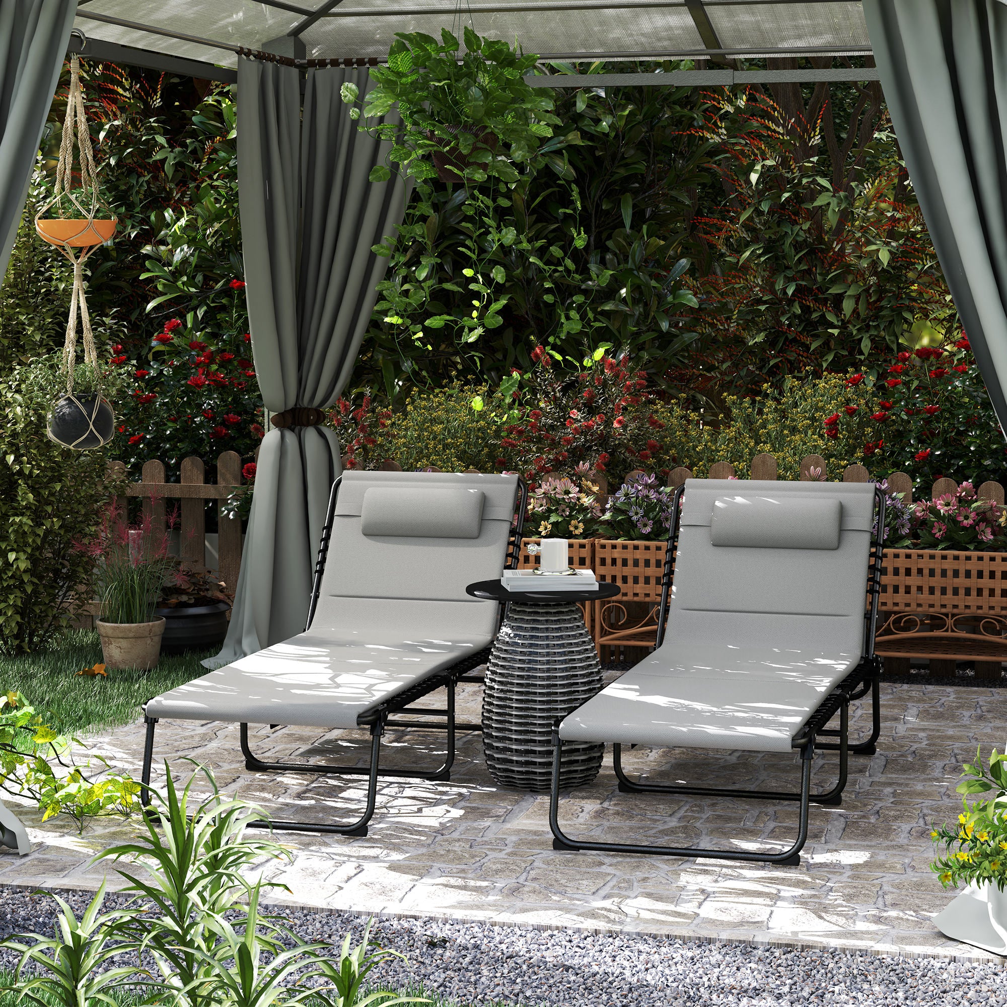 Outsunny Folding Sun Loungers Set of 2, Reclining Sun Bed, Light Grey - Image 20