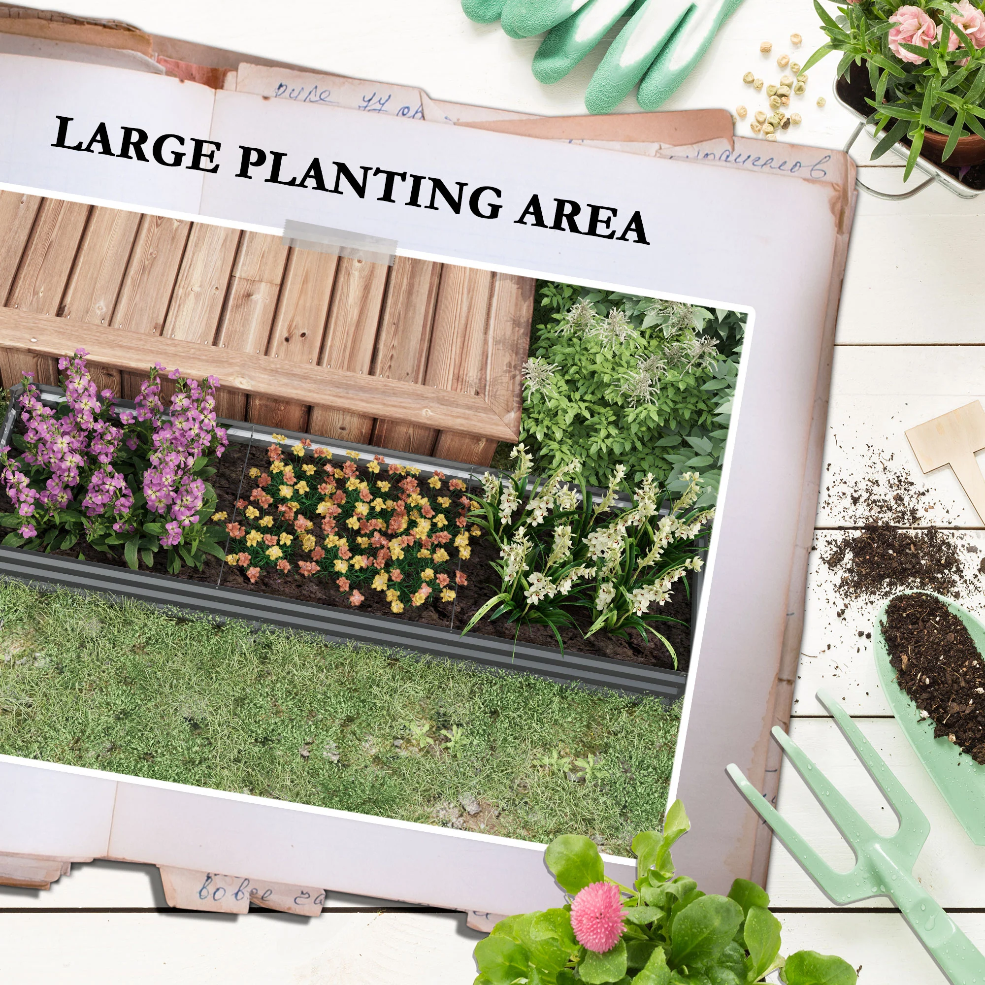 Outsunny Galvanised Raised Bed for Garden, Outdoor Elevated Planter Box, Grey - Image 3