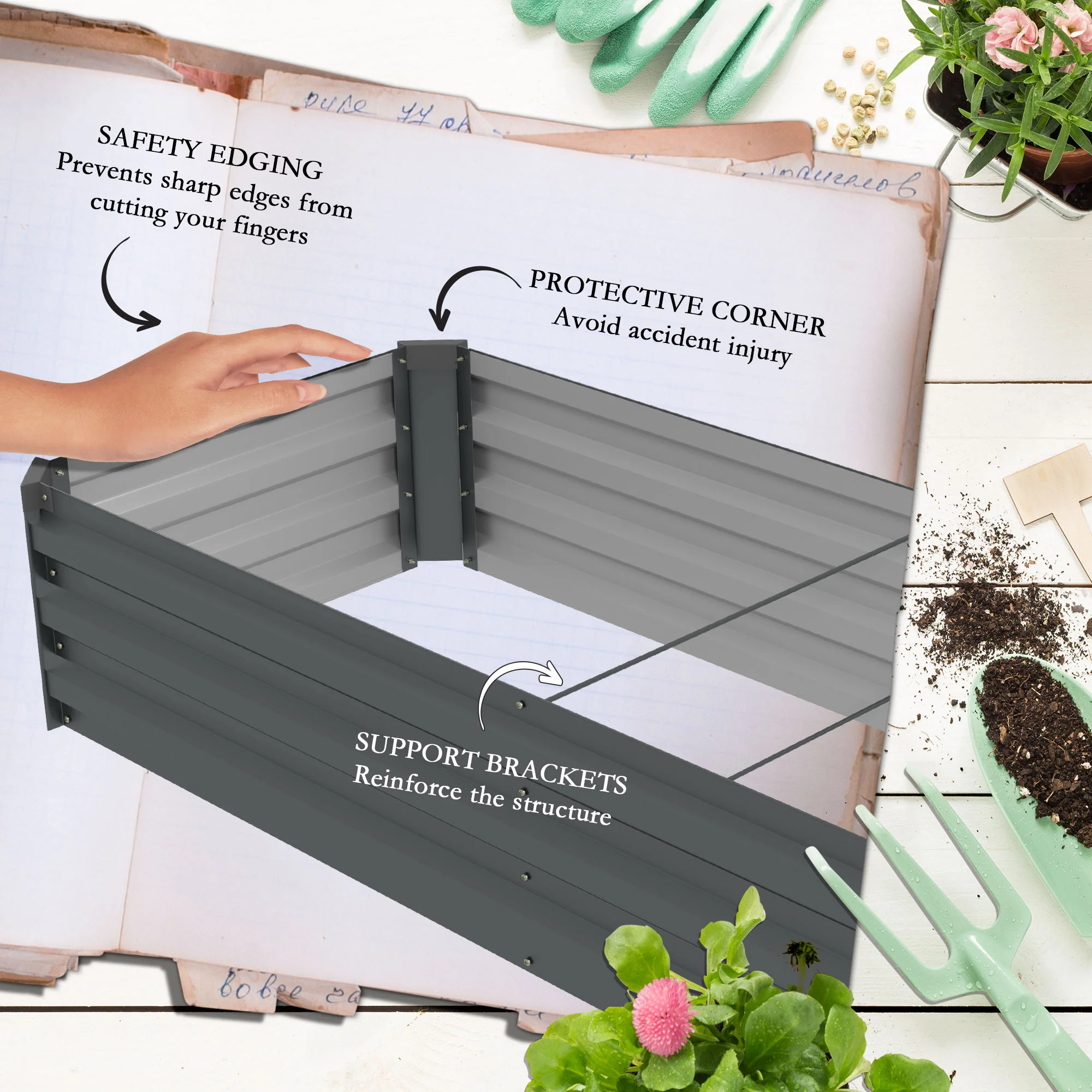 Outsunny Galvanised Raised Bed for Garden, Outdoor Elevated Planter Box, Grey - Image 6