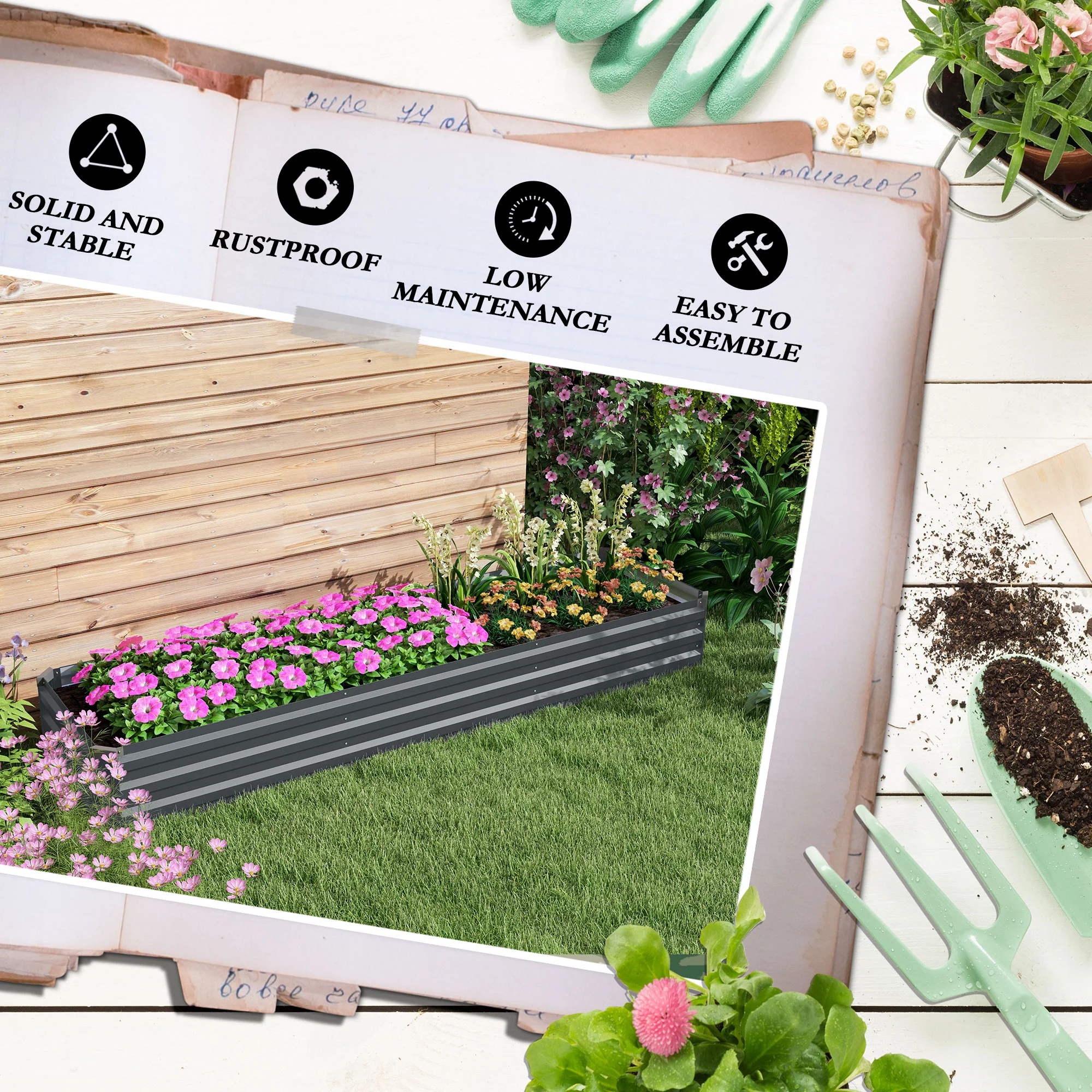 Outsunny Galvanised Raised Bed for Garden, Outdoor Elevated Planter Box, Grey - Image 7