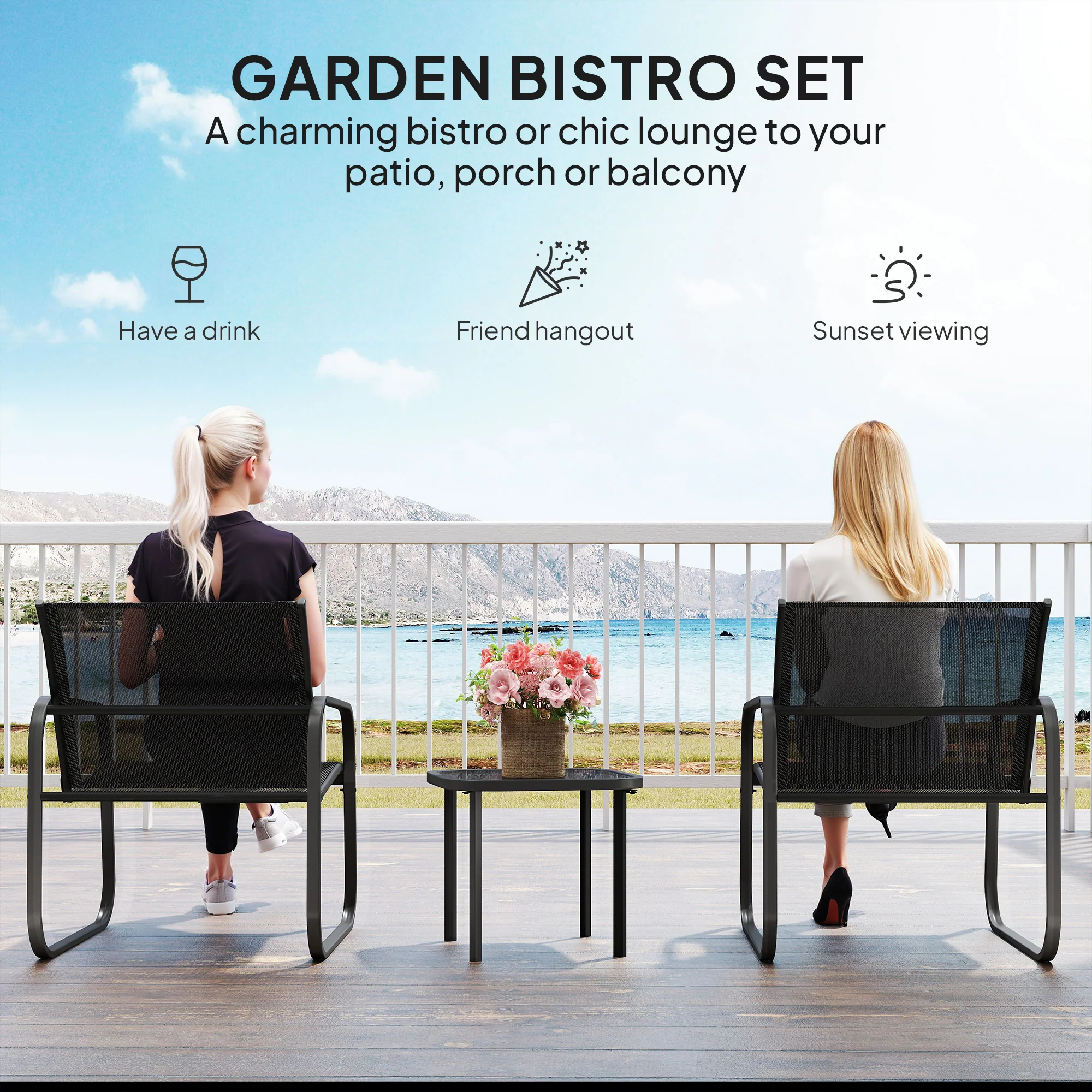 Outsunny Garden Bistro Set, Metal Garden Furniture Set with Mesh Chairs - Image 3