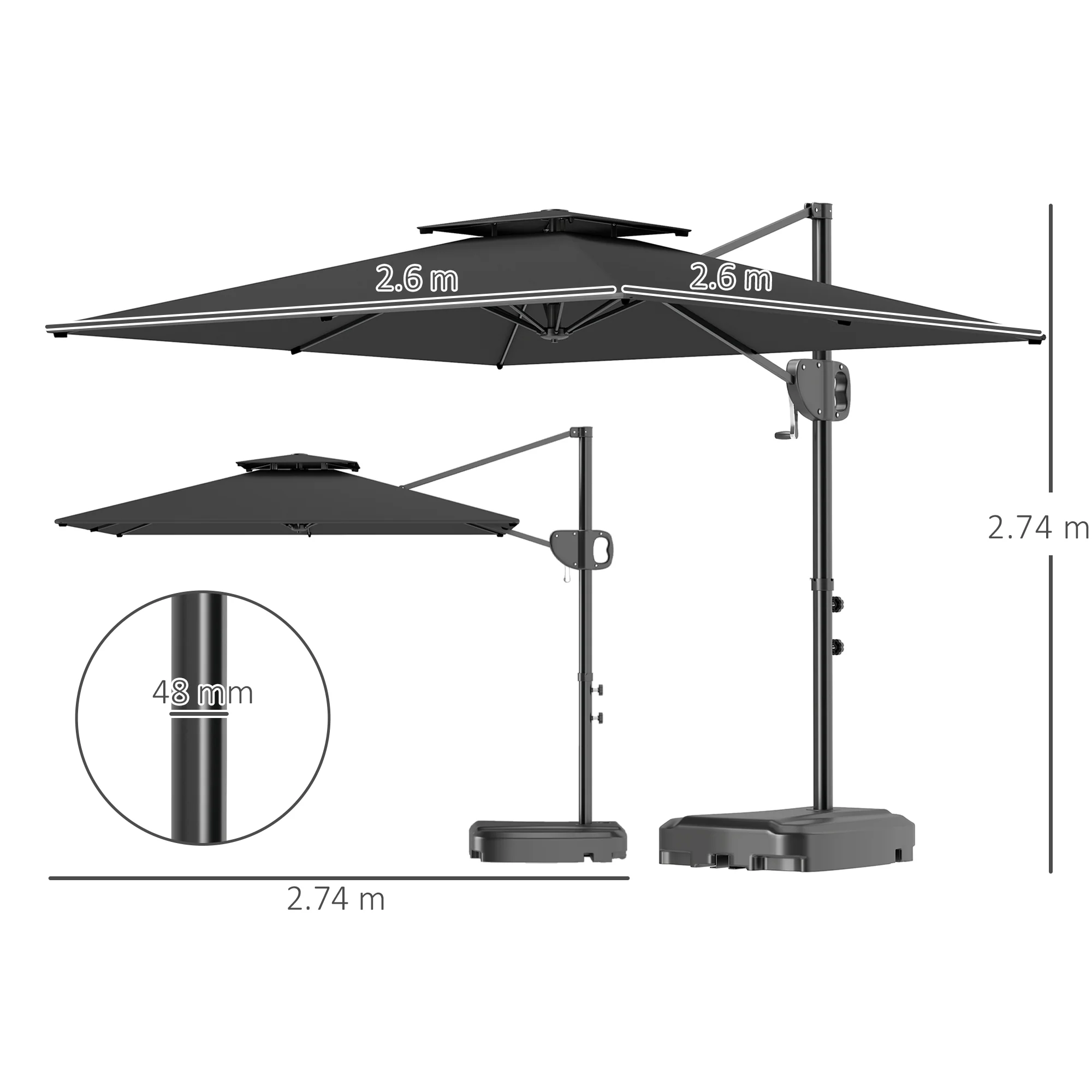 Outsunny Garden Cantilever Parasol w/ Weighted Base Tilt Crank - Image 5