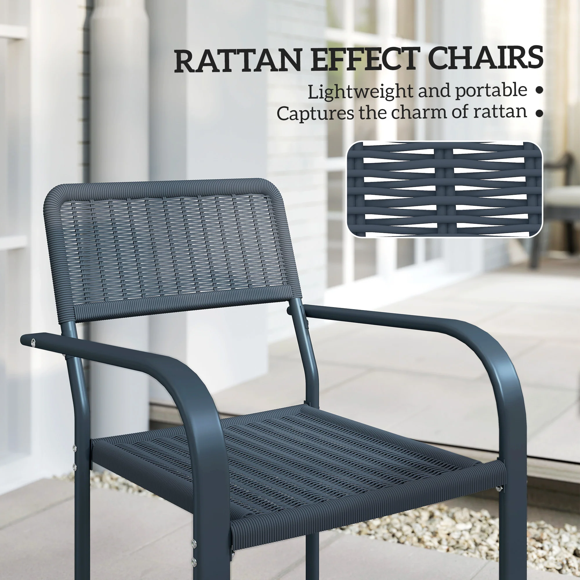 Outsunny Garden Chairs Set of 4, Stackable & Rattan Effect, Dark Grey - Image 3