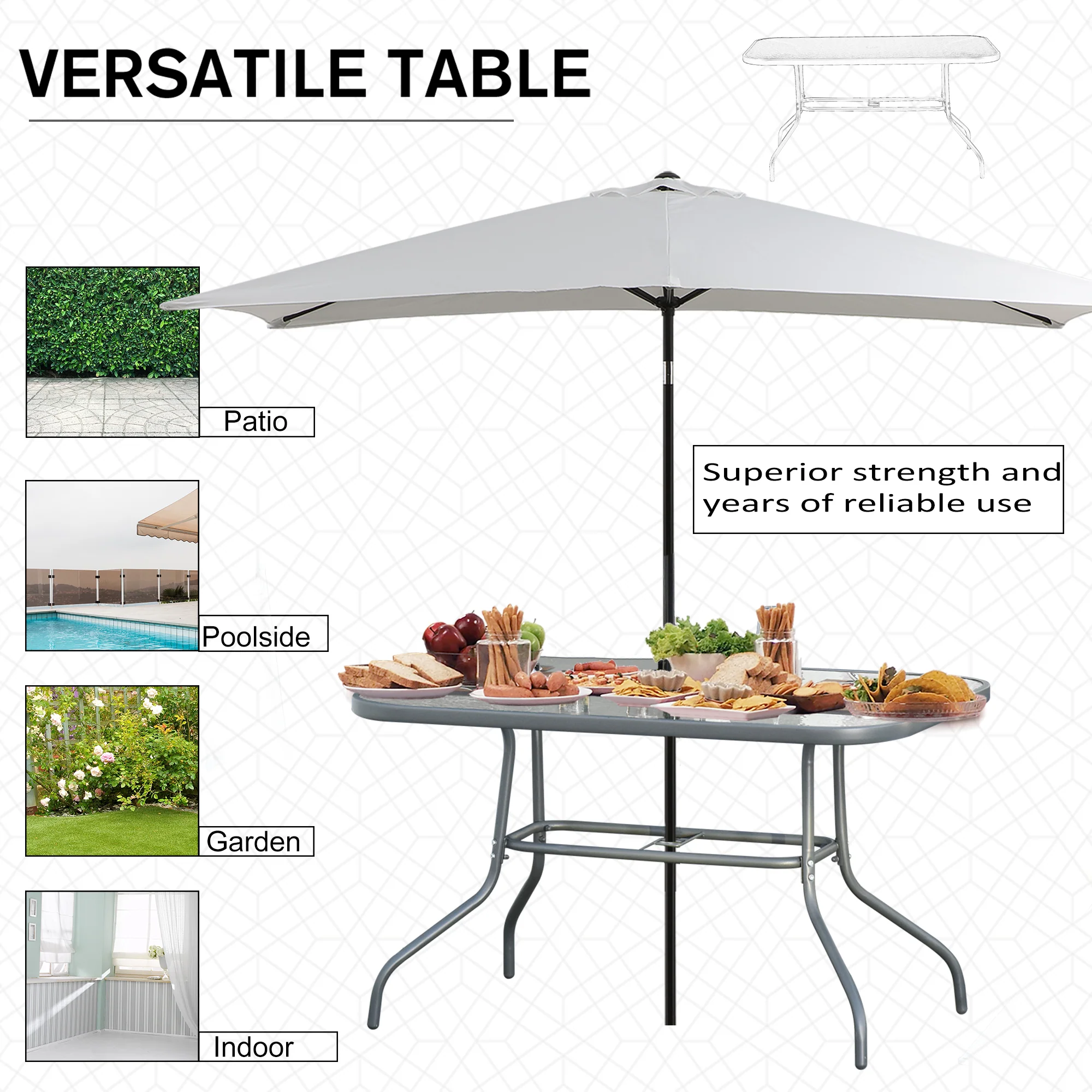 Outsunny Garden Dining Table Glass Top Metal Frame With Parasol Hole Outdoor Balcony Grey 120L X 80Wcm - Image 3
