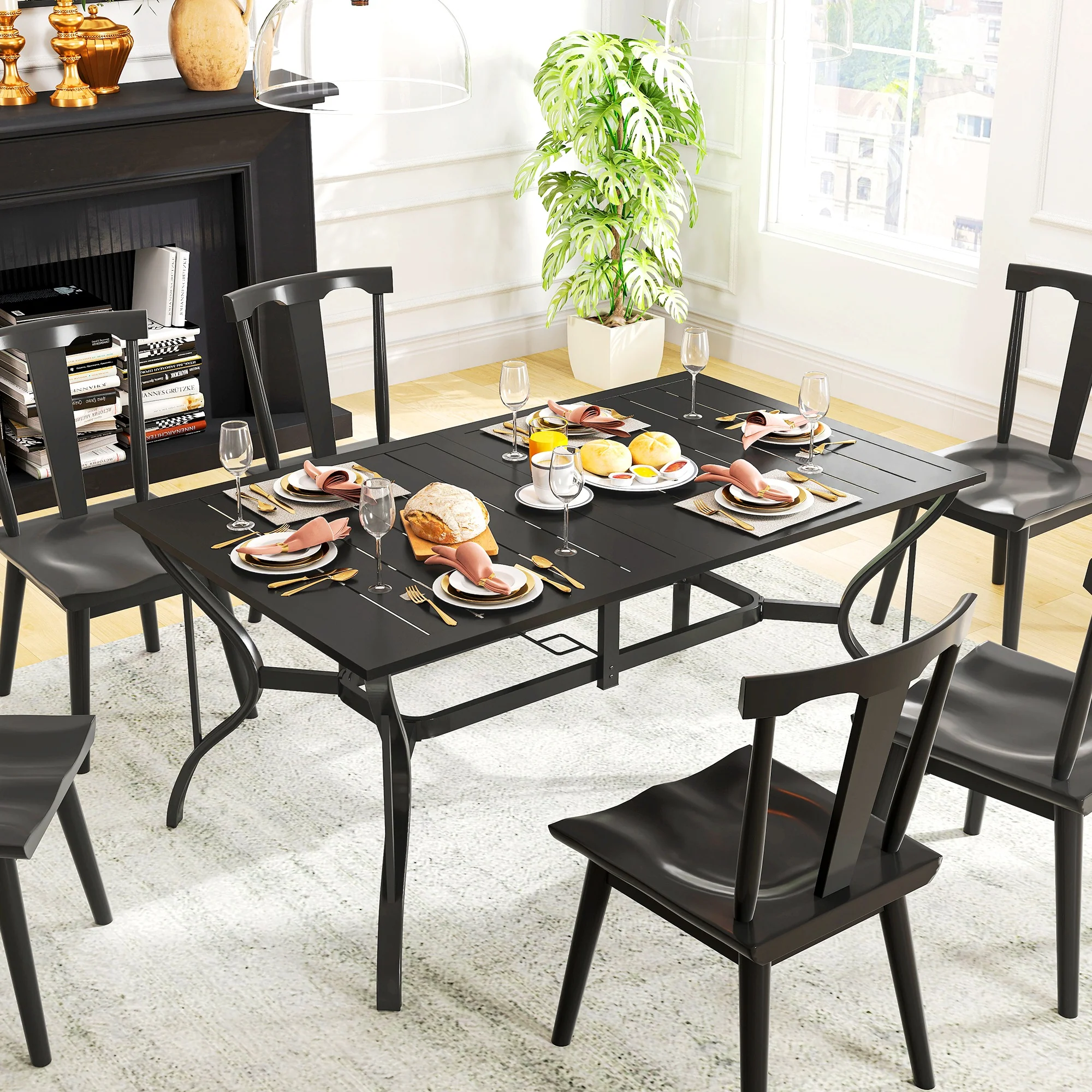 Outsunny Garden Dining Table With Steel Frame And Slatted Top For Balcony Black - Image 7