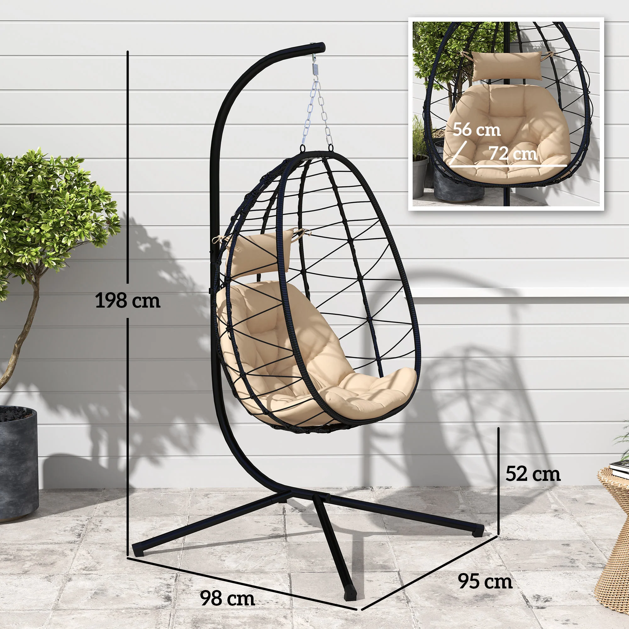 Outsunny Garden Egg Chair Outdoor Hanging Swing Chair, Folding Basket, Khaki - Image 14