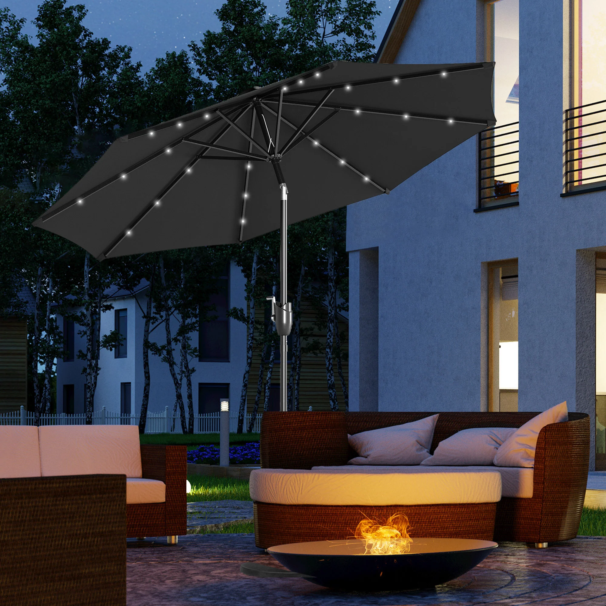 Outsunny Garden Parasol Outdoor Tilt Sun Umbrella LED Light Hand Crank Black - Image 2
