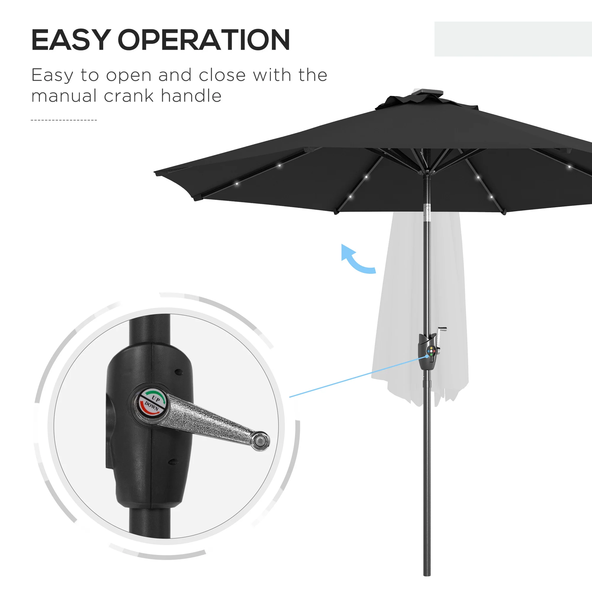 Outsunny Garden Parasol Outdoor Tilt Sun Umbrella LED Light Hand Crank Black - Image 7