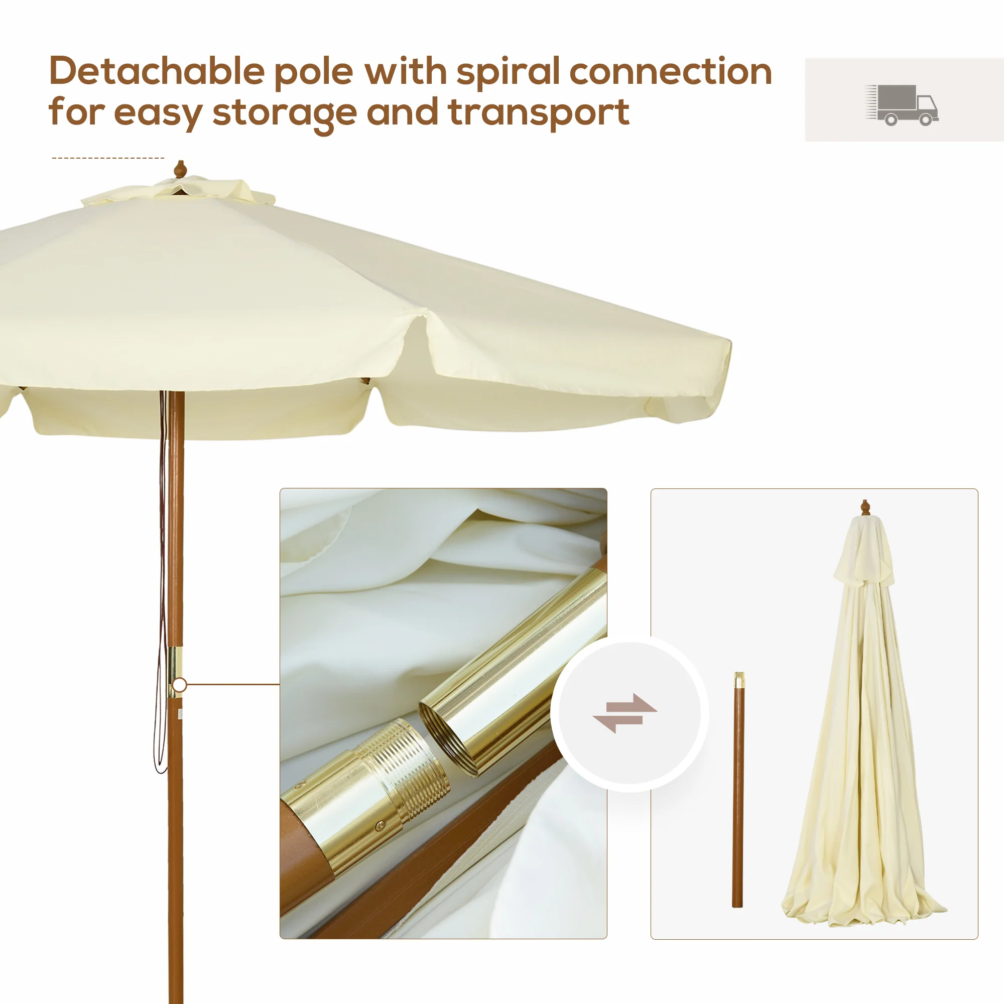 Outsunny Garden Parasol Patio Umbrella With Ruffles And Wooden Pole Beige - Image 3