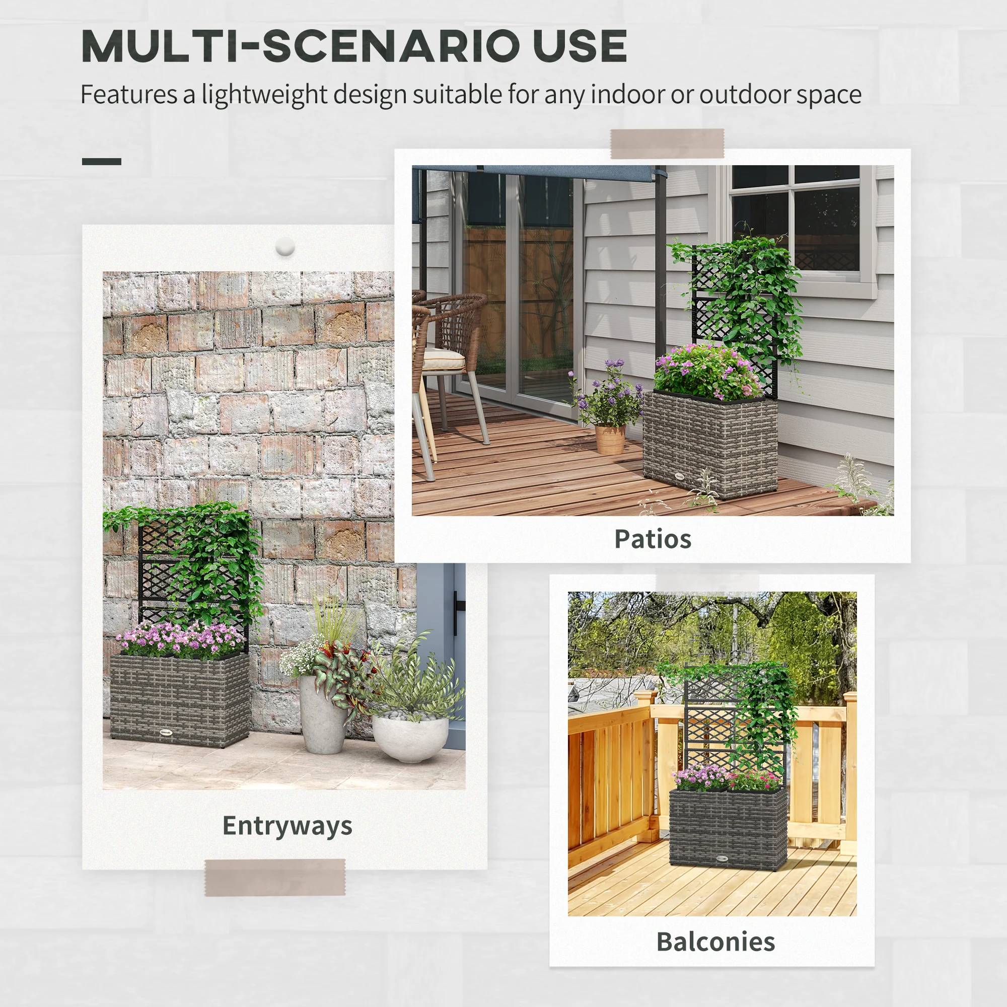 Outsunny Garden PE Rattan Planter Box w/ Trellis Flower Raised Bed, 57x30x107cm - Image 3