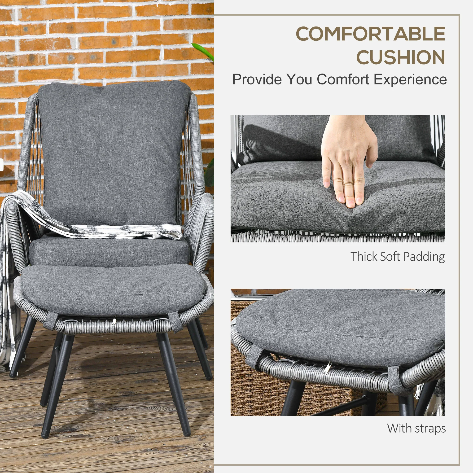 Outsunny Garden Rattan Leisure Chair Set with Adjustable Backrest, Grey - Image 4