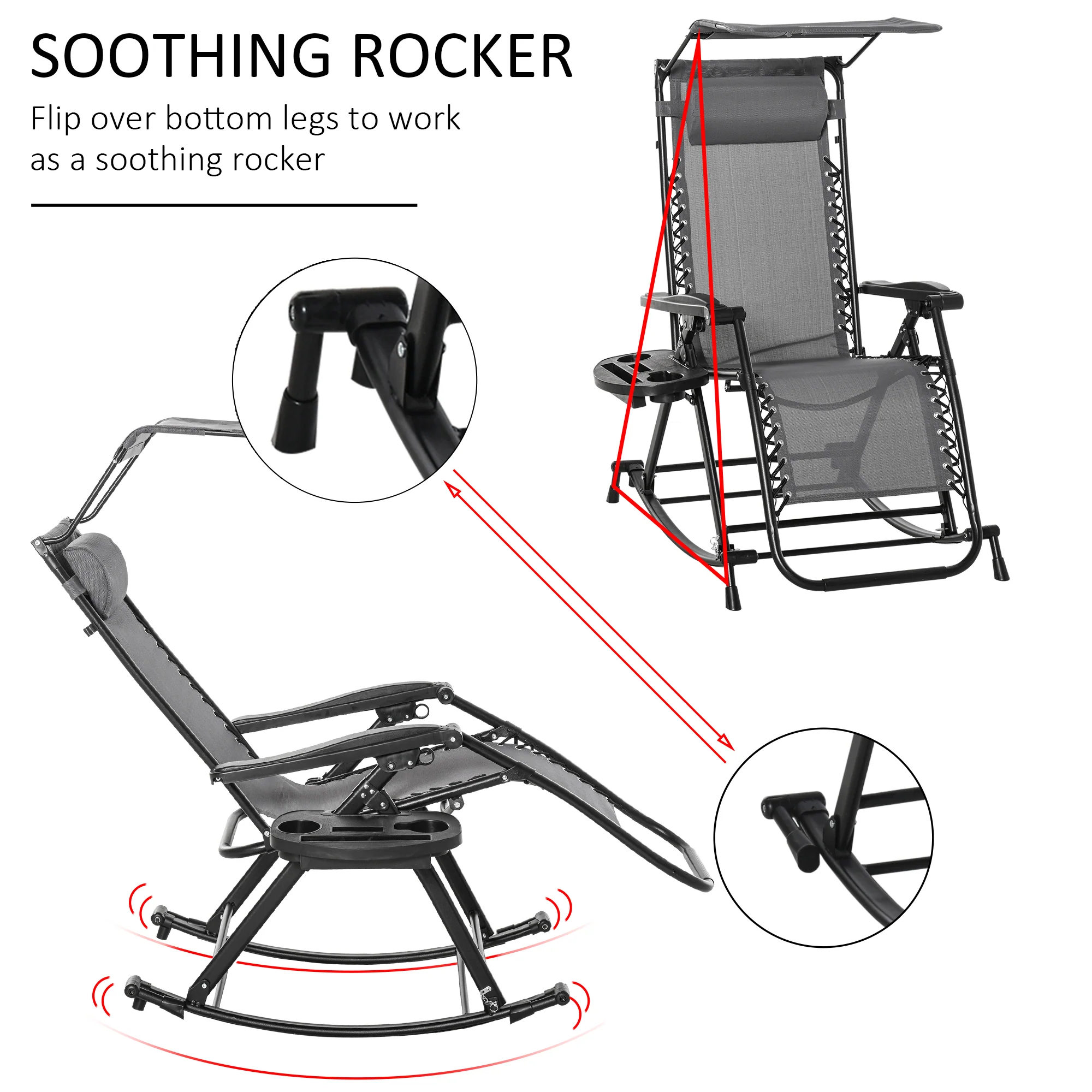Outsunny Garden Rocking Chair Folding Recliner Outdoor Adjustable Sun Lounger Rocker Zero-Gravity Seat with Headrest Side Holder Patio Deck - Grey - Image 7