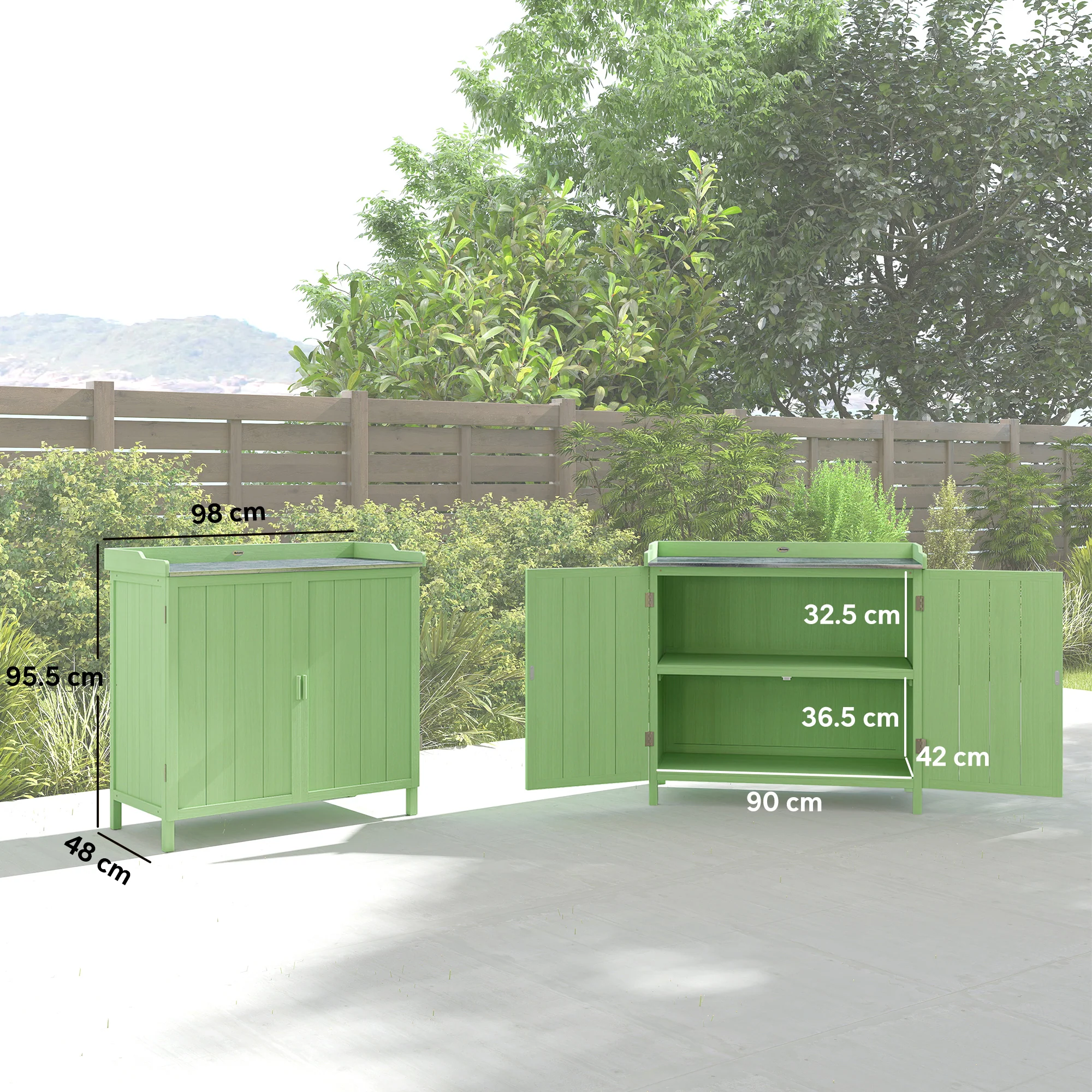 Outsunny Garden Storage Cabinet Potting Bench Table W/ galvanised Top Green - Image 5