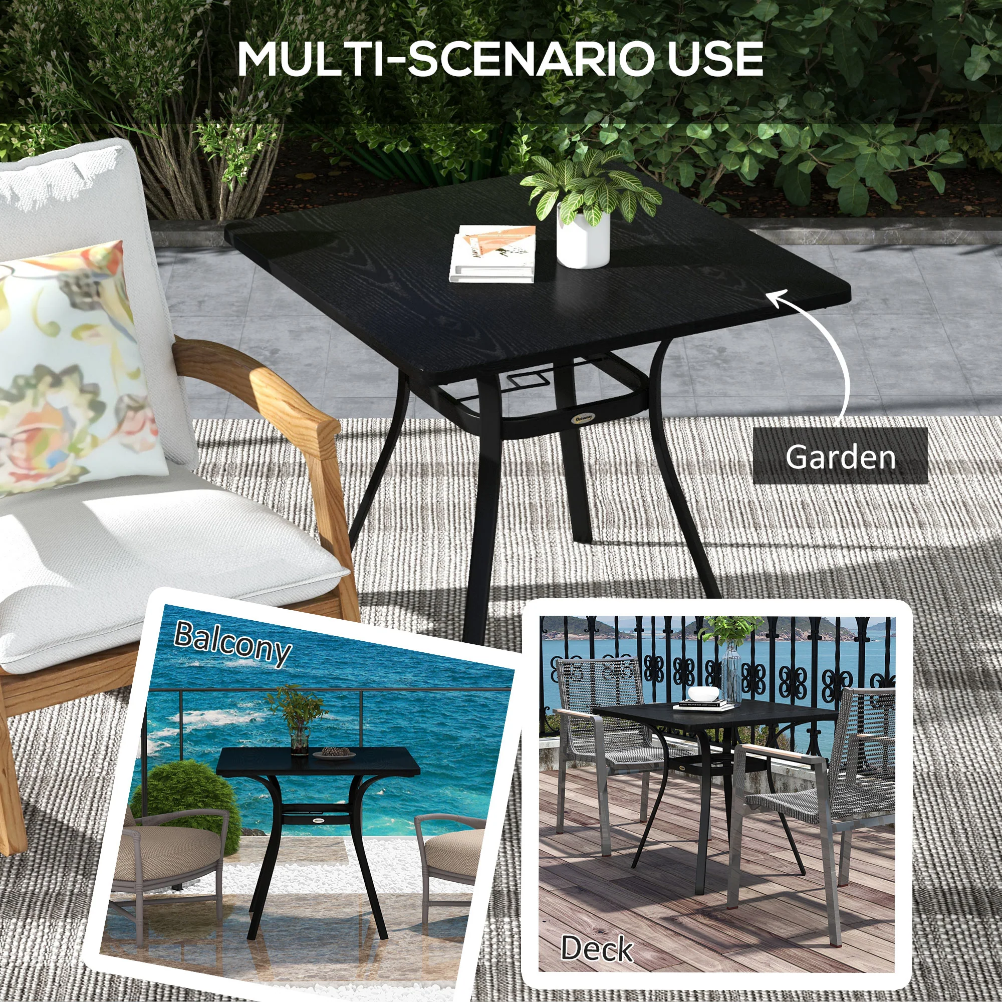 Outsunny Garden Table with Metal Tabletop, Steel Frame for Balcony, Porch, Black - Image 6