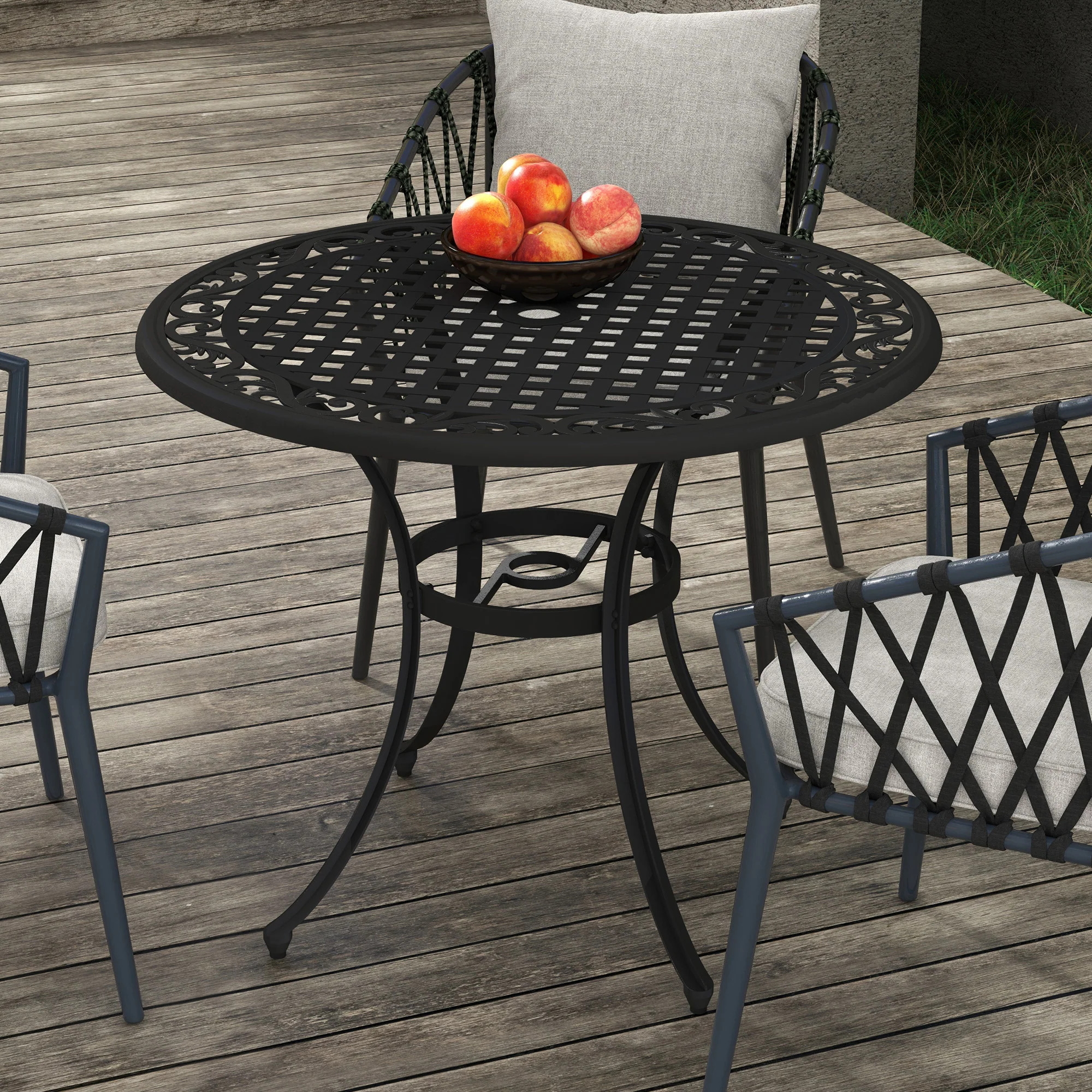 Outsunny Garden Table with Parasol Hole for 2-4, Cast Aluminium Frame - Black - Image 2