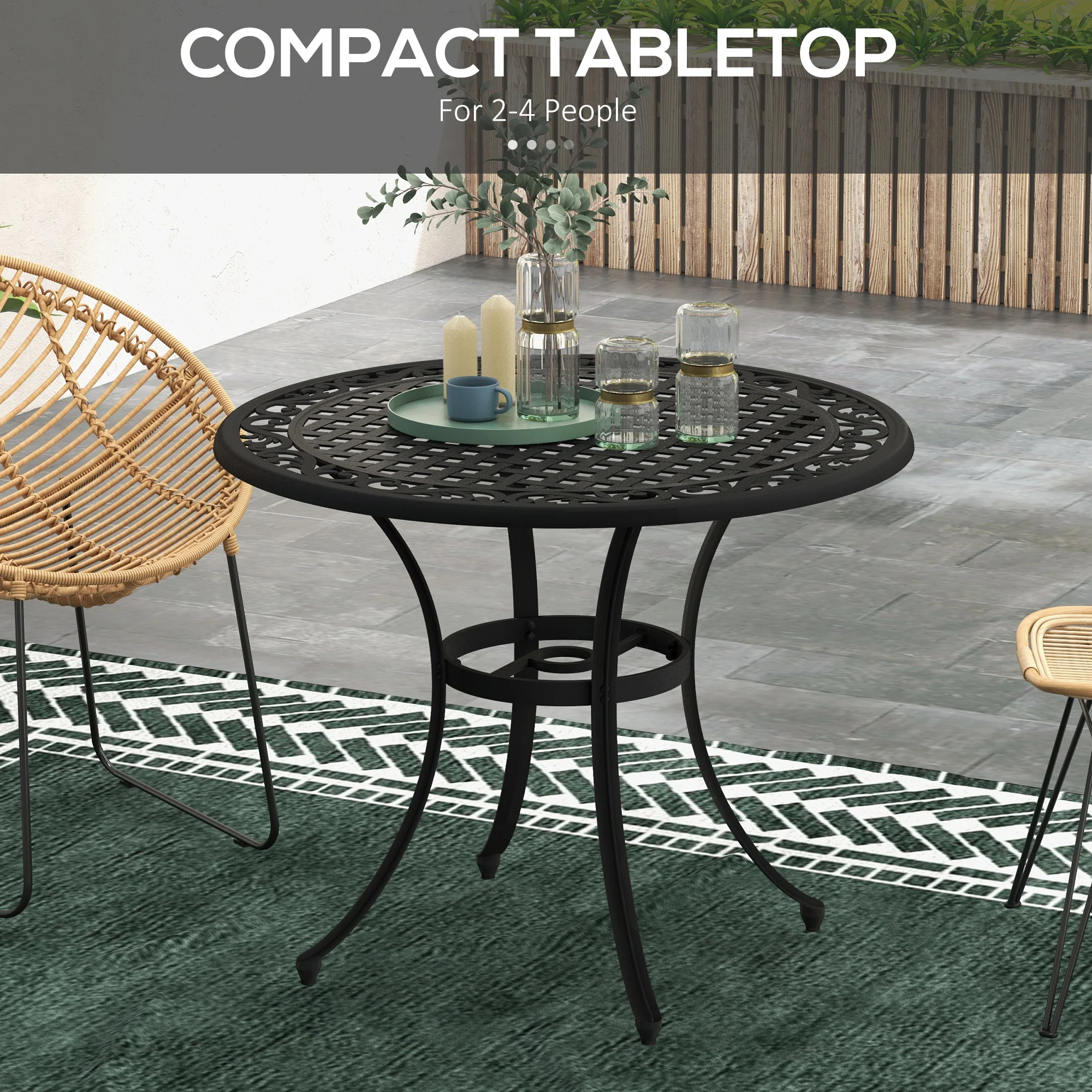 Outsunny Garden Table with Parasol Hole for 2-4, Cast Aluminium Frame - Black - Image 4