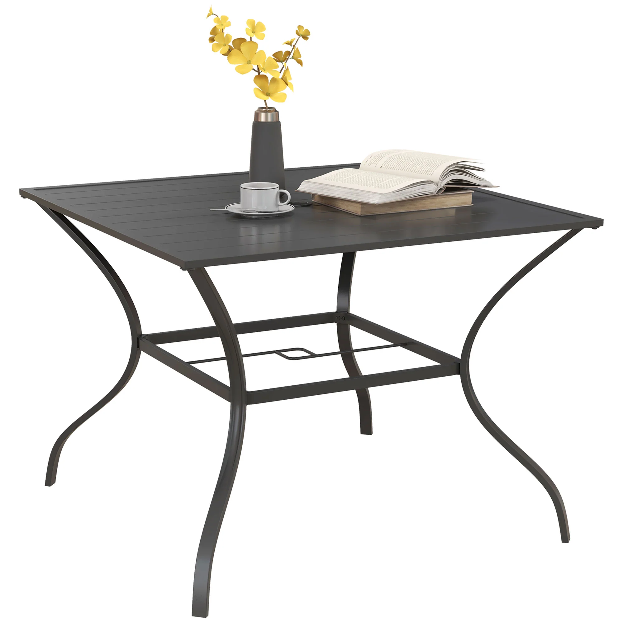 Outsunny Garden Table With Parasol Hole For Four, Slatted Metal Plate Top Grey/Black