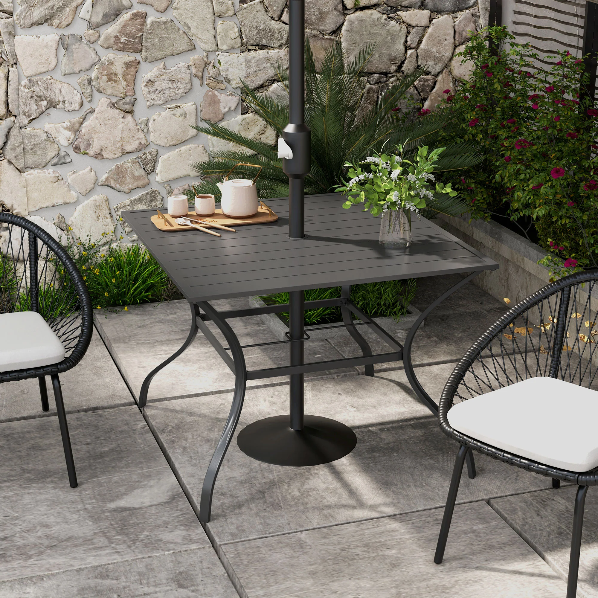 Outsunny Garden Table With Parasol Hole For Four, Slatted Metal Plate Top Grey/Black - Image 2