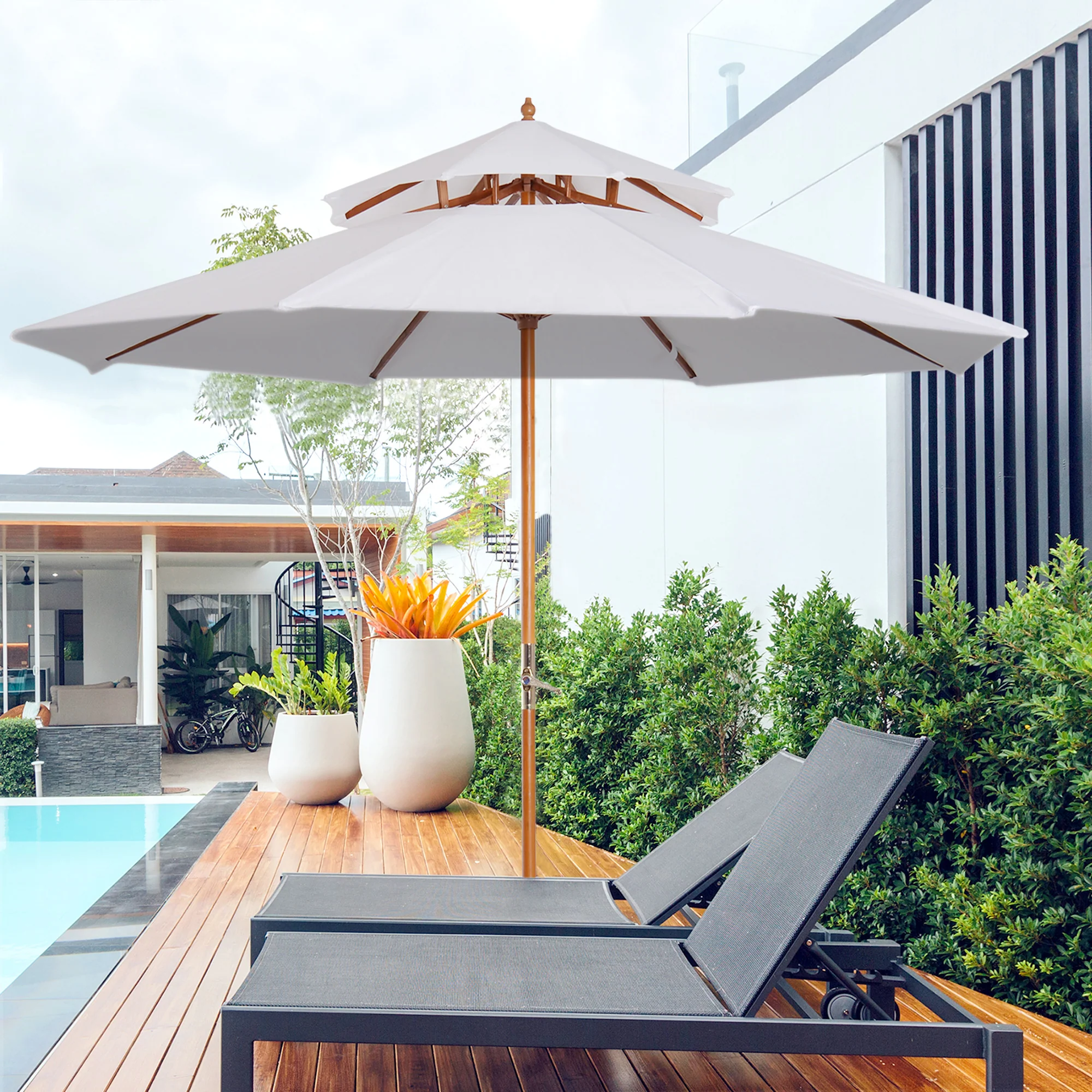 Outsunny Garden Wood Patio Parasol Sun Shade Outdoor Umbrella Canopy Cream - Image 2