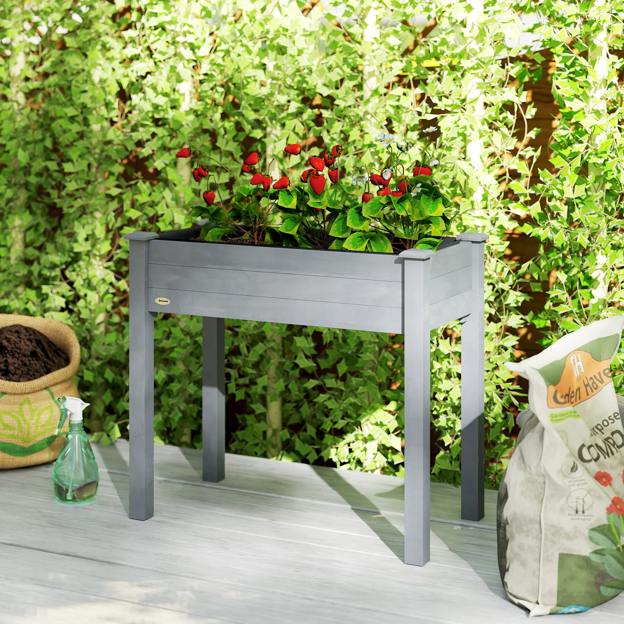 Outsunny Garden Wooden Planter Flower Raised Bed, Dark Grey - Image 2