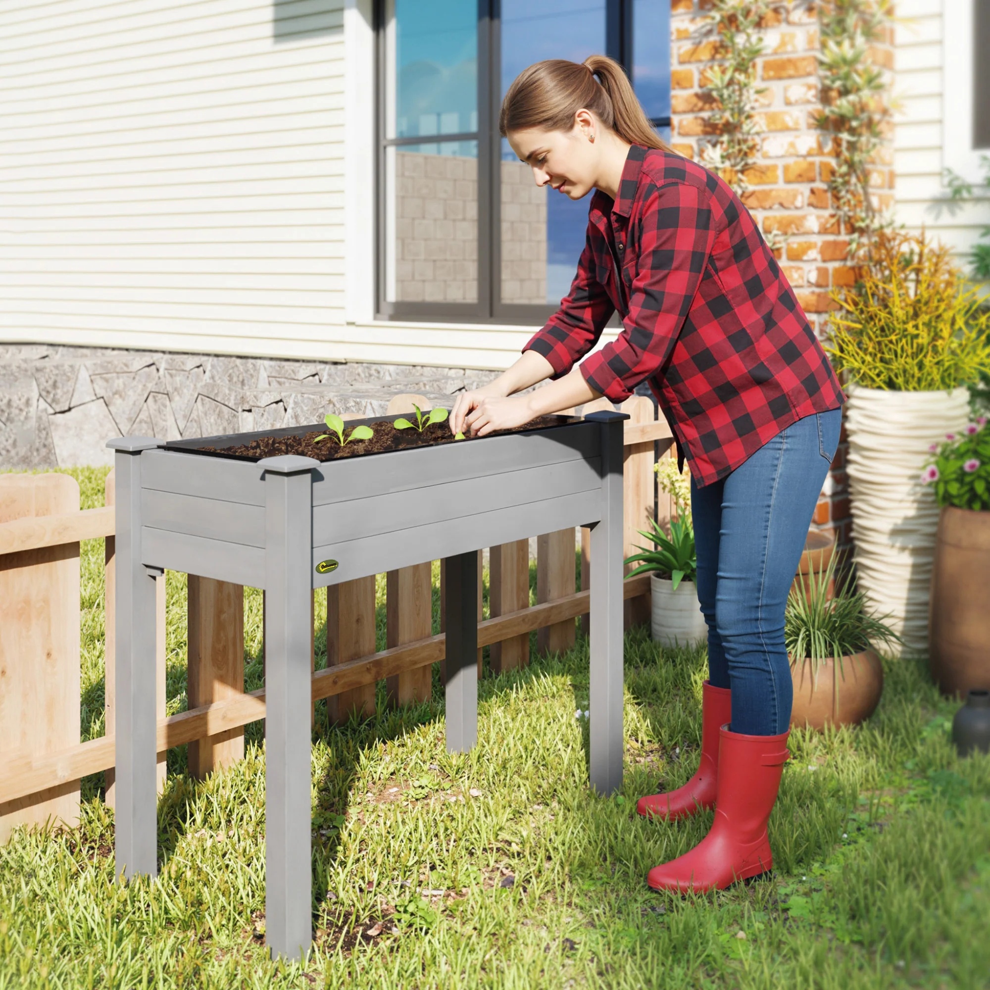 Outsunny Garden Wooden Planter Flower Raised Bed, Dark Grey - Image 9