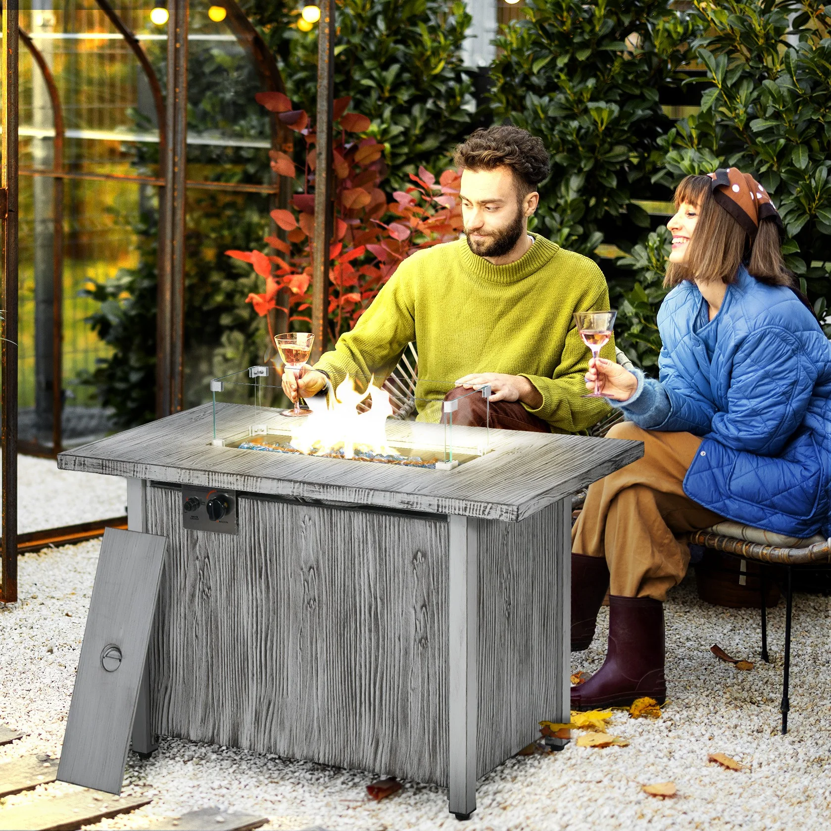 Outsunny Gas Fire Pit Table with 50,000 BTU Burner, Cover, Glass Screen, Grey - Image 2