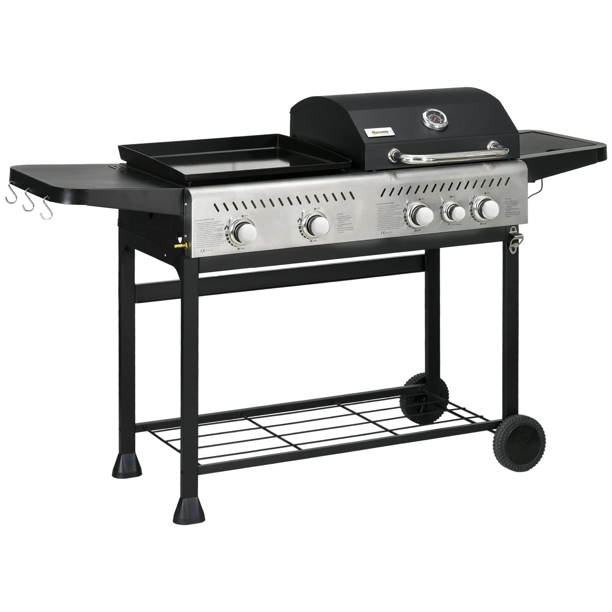 Outsunny Gas Grill and Plancha with 15 kW 4+1 Burners for Garden Party Festival
