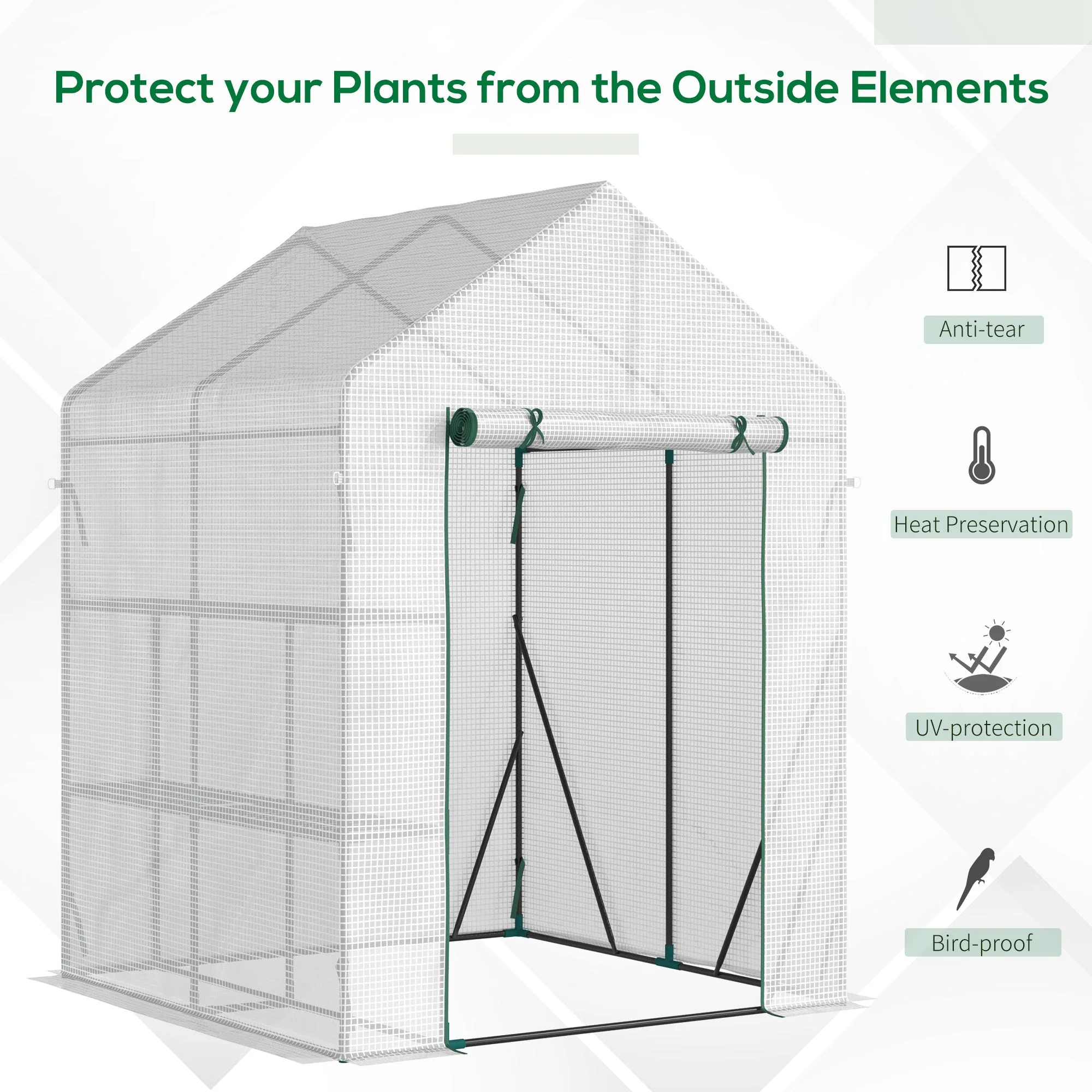 Outsunny Greenhouse for Outdoor w/ 2 Tier Shelf Roll-Up Zippered Door PE Cover Green - Image 3