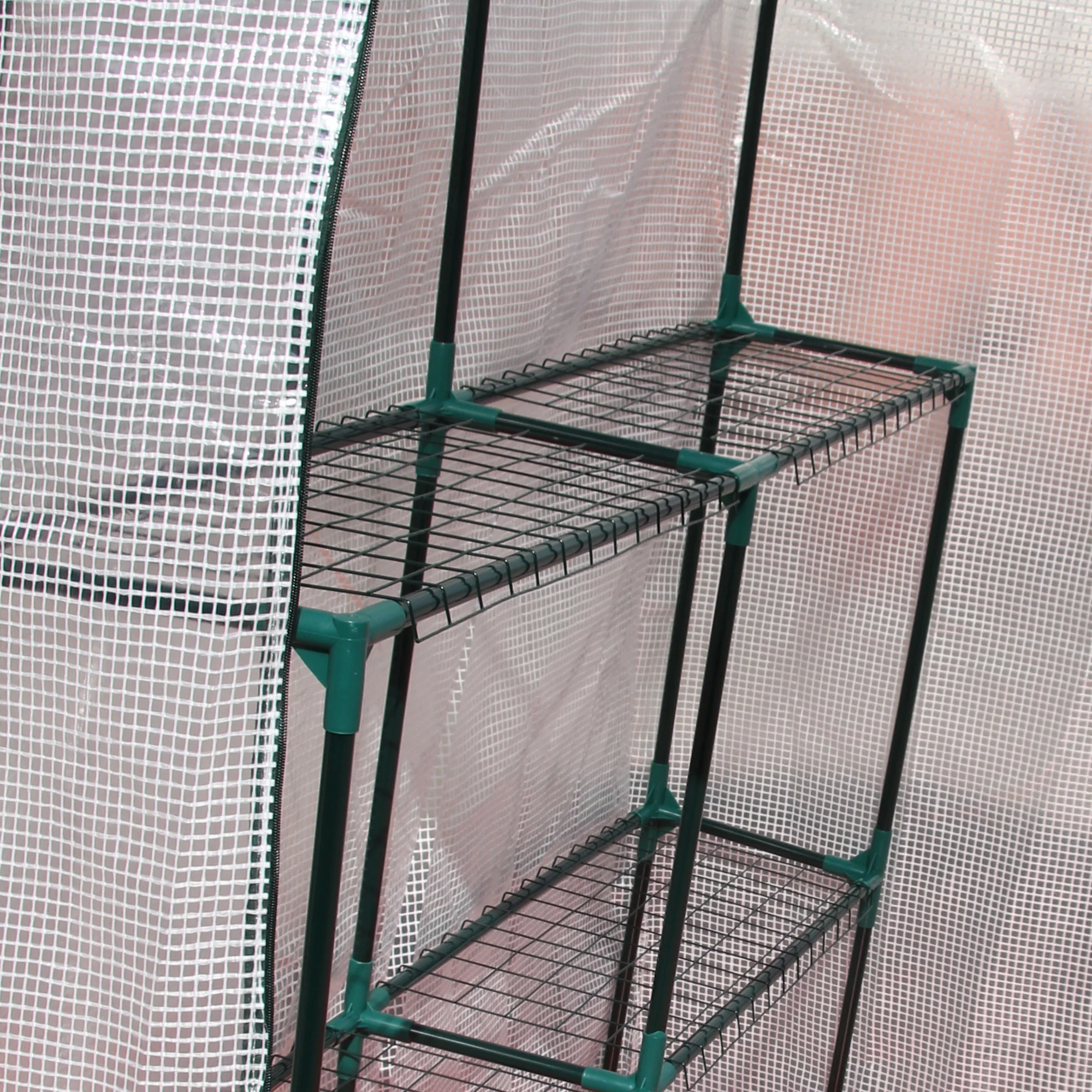 Outsunny Greenhouse for Outdoor w/ 2 Tier Shelf Roll-Up Zippered Door PE Cover Green - Image 7