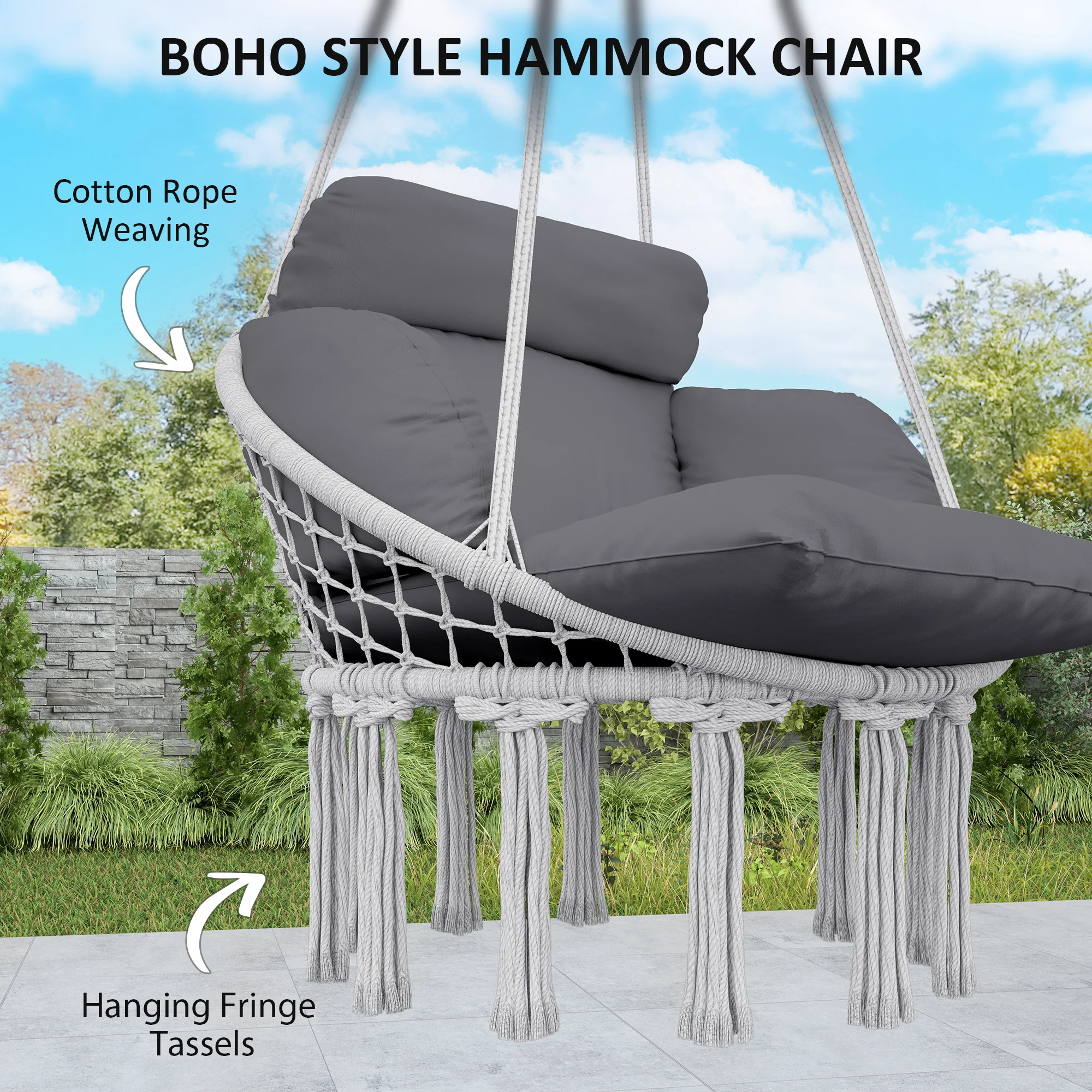Outsunny Hammock Chair, Boho Hanging Swing Chair with Cushion - Image 4